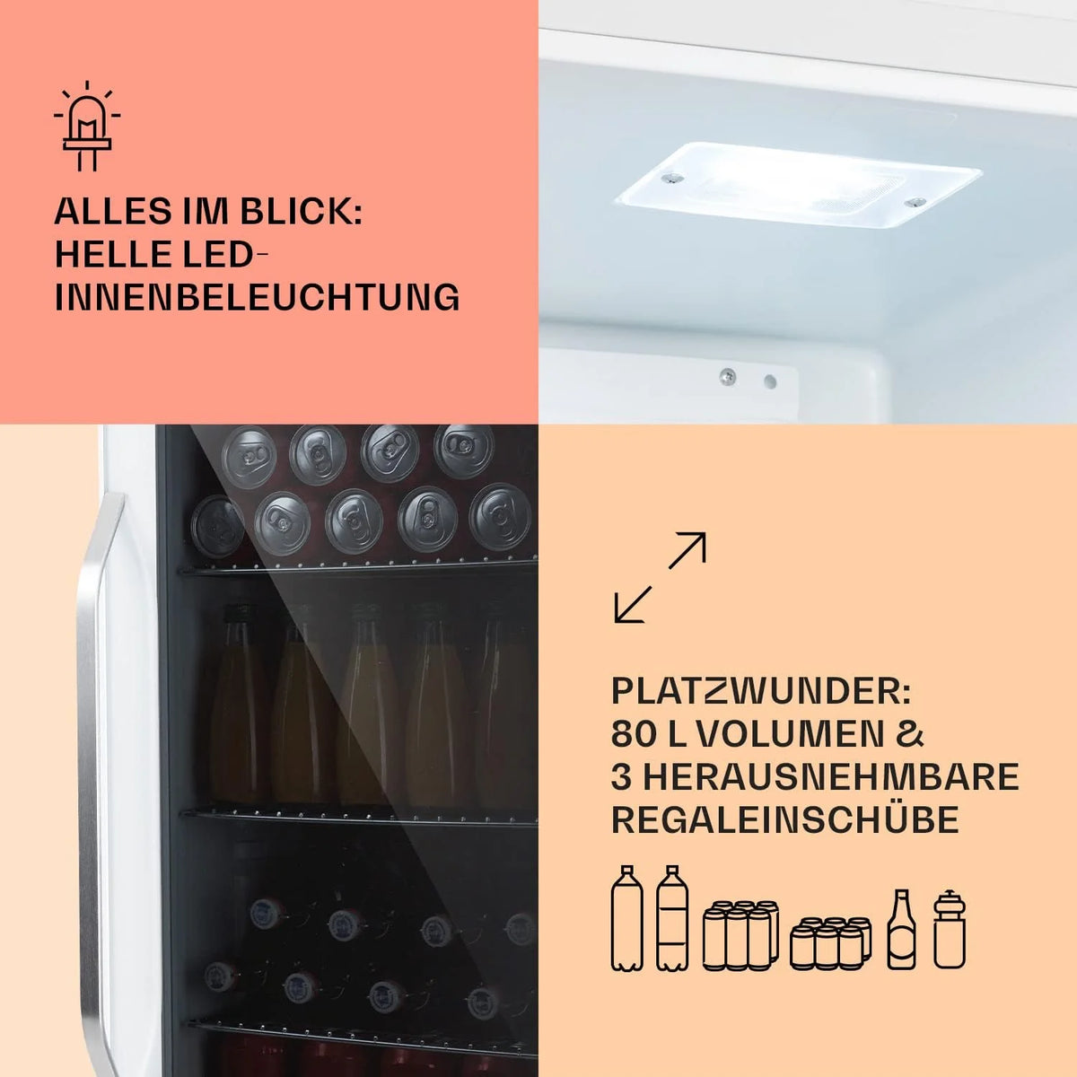 Klarstein Mini lodówka z drzwiami szklanymi do pomieszczeń, chłodziarka na napoje z regulowanymi półkami, mała 80 litrów, do użytku wewnątrz i na zewnątrz, cicha