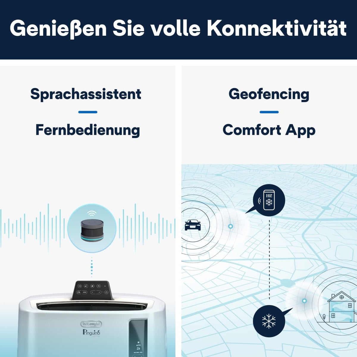 De'Longhi Pinguino PAC EL112 CST WiFi, przenośna klimatyzacja z technologią MyEcoRealFeel do pomieszczeń o kubaturze do 110 m³, 11 000 BTU/h, 2,9 kW, 63 dB, funkcja osuszania, A, sterowanie aplikacją i głosem, kolor biały