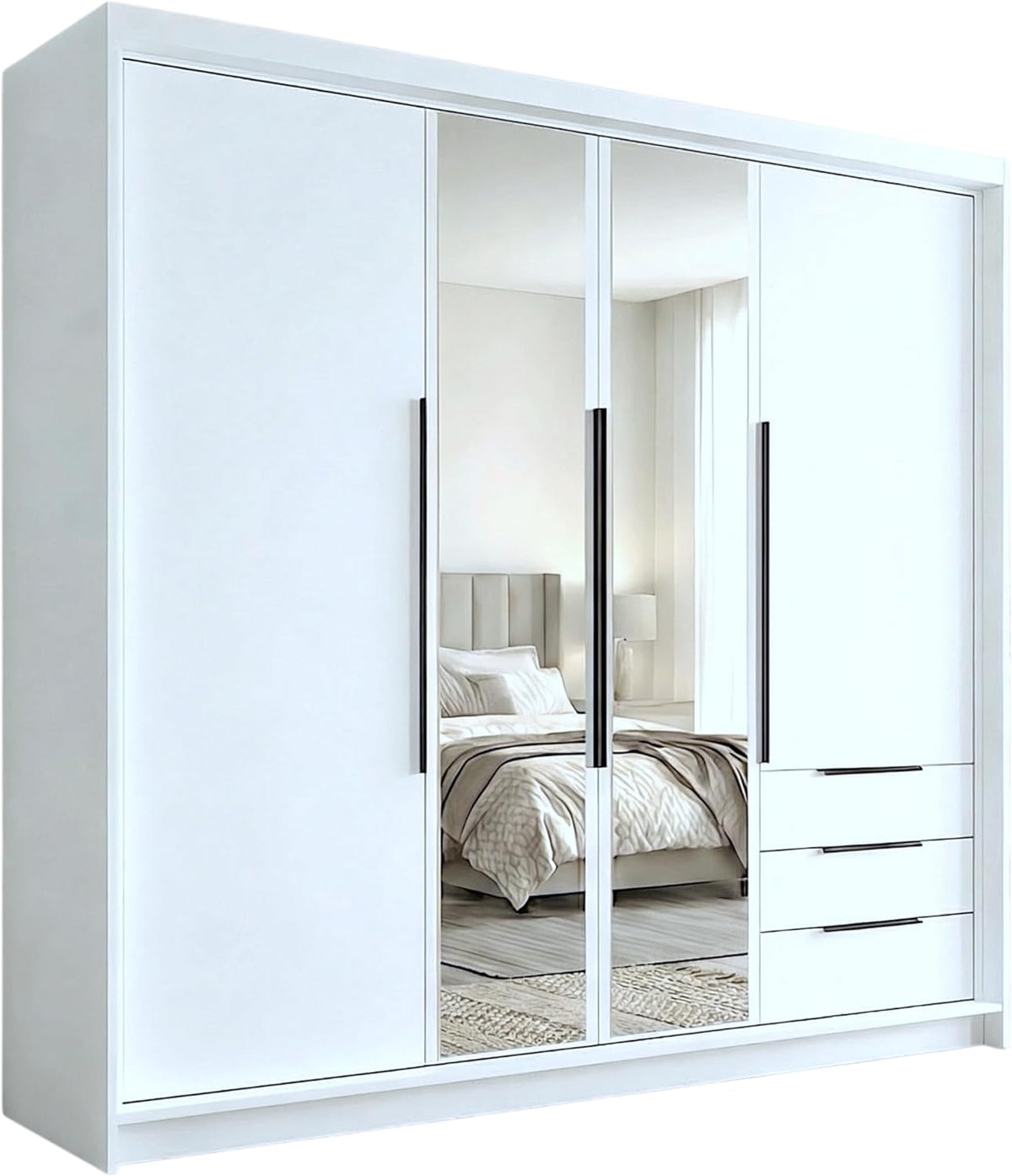 A and J MöbelLand VIVO Szafa 4-drzwiowa z lustrem i szufladami - 200 x 215 cm - Szafa z drzwiami uchylnymi, drążkiem na ubrania i półkami