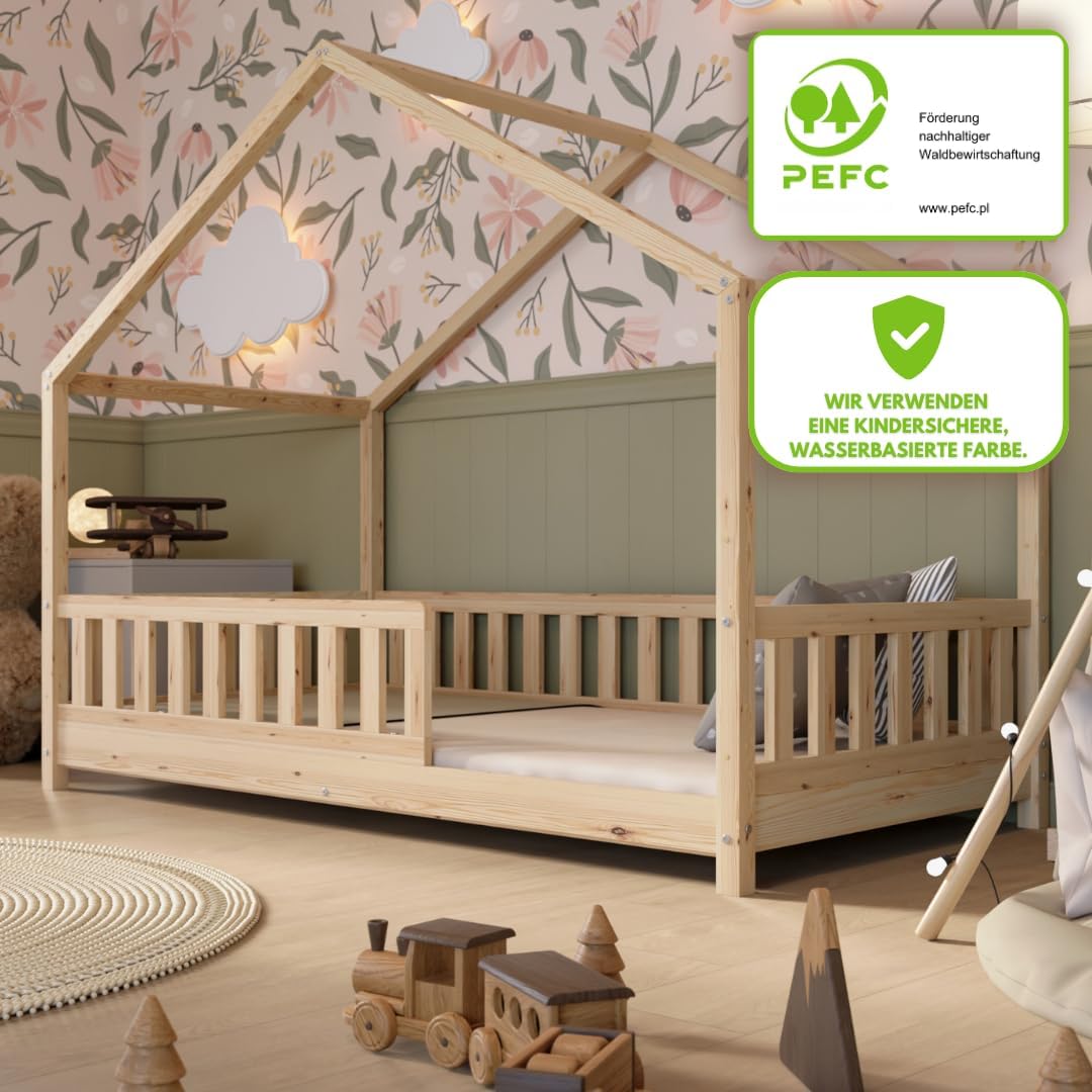 Łóżko Crazy Pine House z szufladami 200x90 cm – łóżko dziecięce z naturalnego drewna z zabezpieczeniem przed upadkiem – łóżko Montessori z dodatkową przestrzenią do przechowywania i wyjmowaną barierką – Crazy House