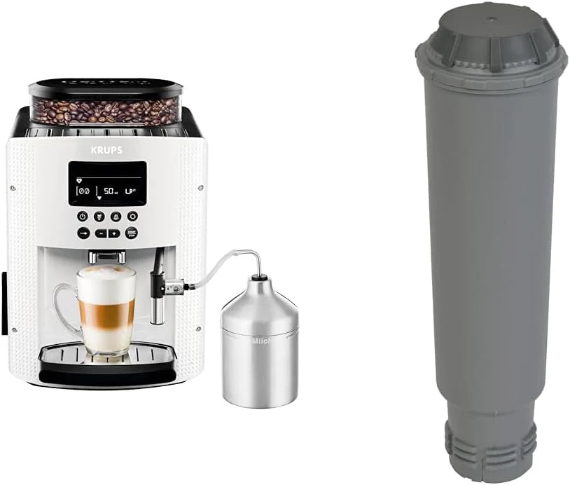 Ekspres do kawy Krups Essential w pełni automatyczny z wężykiem do mleka, funkcja parzenia 2 filiżanek, wyświetlacz LCD, łatwe czyszczenie, certyfikat TÜV, czarny, EA816031