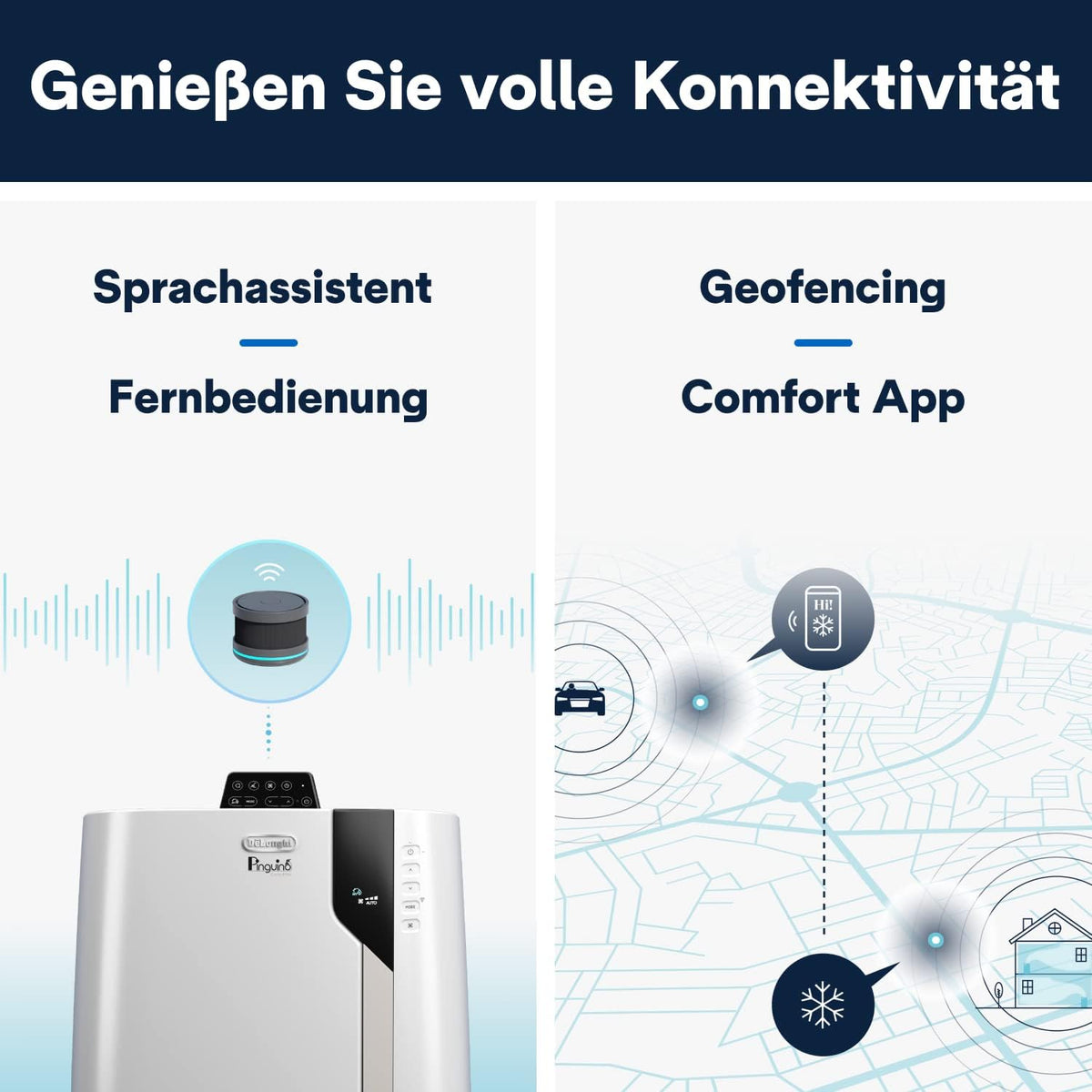 De'Longhi Pinguino PAC EL112 CST WiFi, przenośna klimatyzacja z technologią MyEcoRealFeel do pomieszczeń o kubaturze do 110 m³, 11 000 BTU/h, 2,9 kW, 63 dB, funkcja osuszania, A, sterowanie aplikacją i głosem, kolor biały