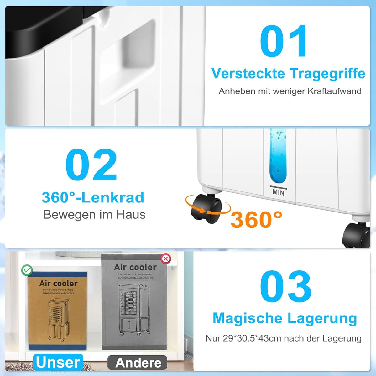 Przenośna chłodnica powietrza (bez rury wylotowej), urządzenie 12 l / 60 W z timerem (12 godz.), 3 trybami pracy, poziomem hałasu 40 dB, oscylacją 120°, wyjmowanym zbiornikiem na wodę i pilotem – cicha chłodnica do mieszkań i pokoi
