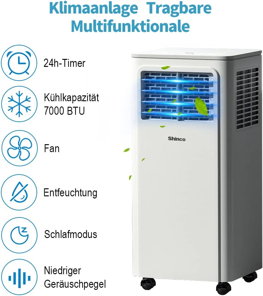 Przenośna klimatyzacja SHINCO z przewodem wydechowym, 9000 BTU, 2,6 kW, chłodzenie, wentylacja i osuszanie, przenośna klimatyzacja z trybem uśpienia, powierzchnia pomieszczenia do 22 m², 24-godzinny timer