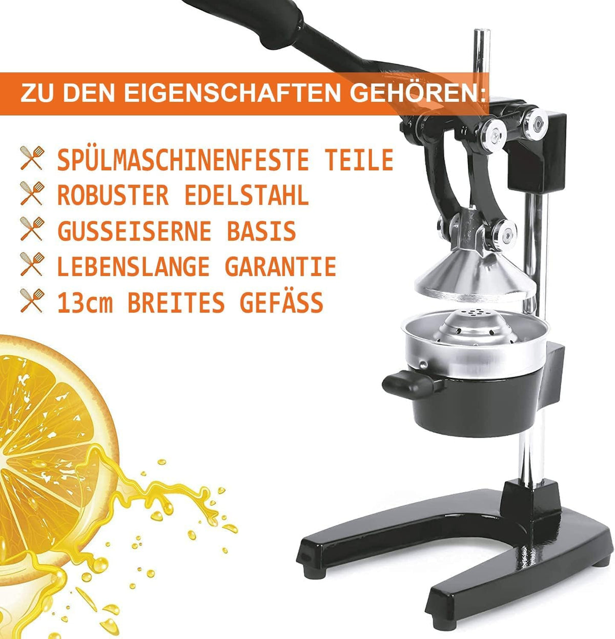 Zulay Professional Citrus Press – ręczna metalowa wyciskarka do soku – ręczna wyciskarka do cytryn i pomarańczy – solidna i trwała, wysokiej jakości wyciskarka podłogowa, czarna