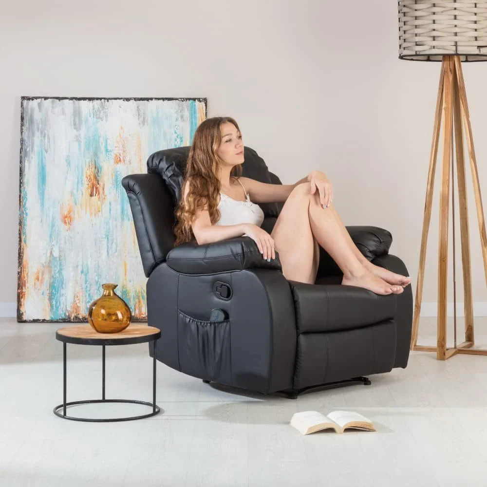 Don Descanso – Trevi Black relaxmassagestoel met verwarming, 160° kantelstand, 8 stille motoren, lendensteunverwarming, 4-zone massagesysteem en scheurbestendige polyurethaan lederen afwerking [zaag inbegrepen]