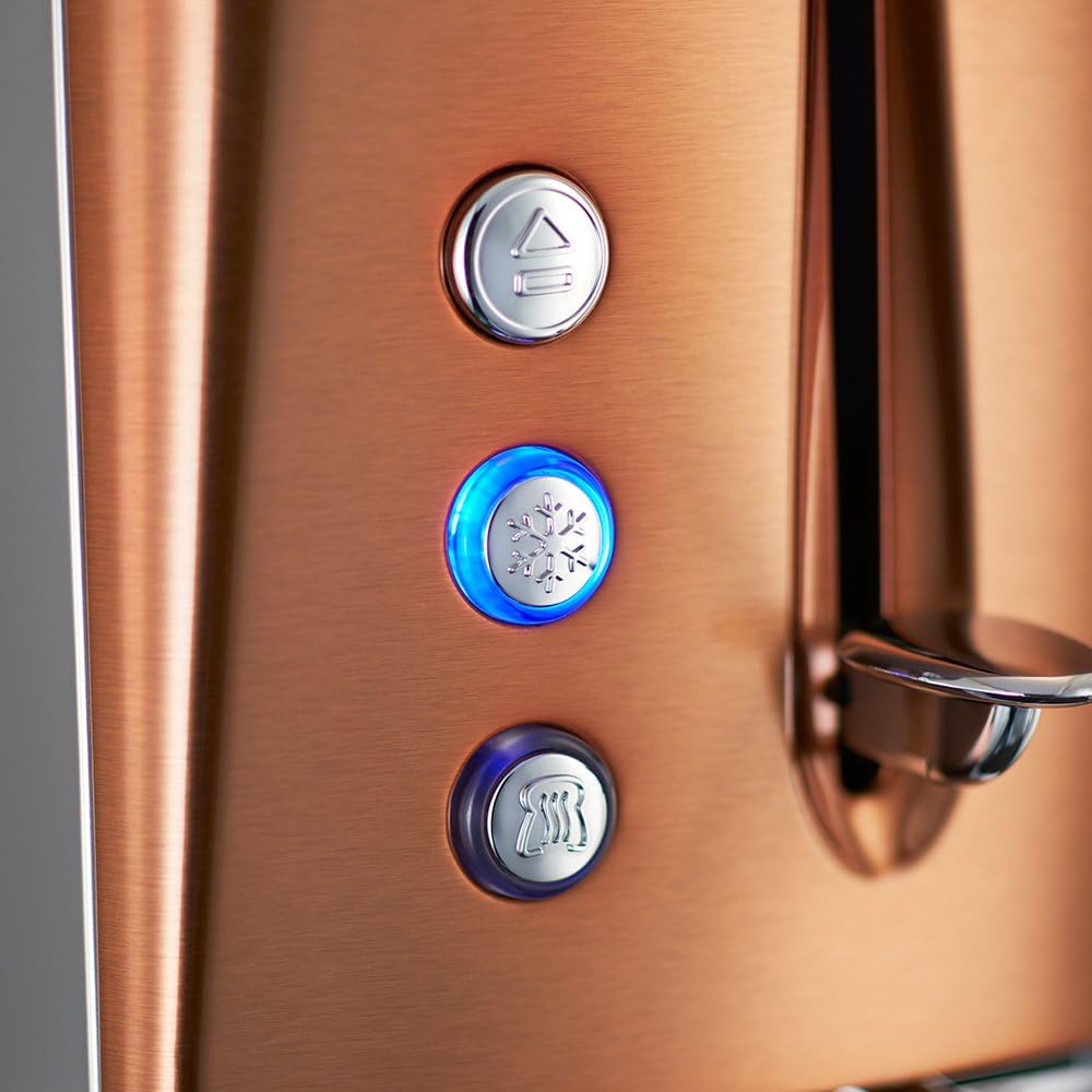 Toster Russell Hobbs Luna [na 2 kromki] Stal nierdzewna, miedź (bardzo szerokie otwory do opiekania, w tym podgrzewacz bułek, 6 poziomów opiekania, funkcja rozmrażania i podgrzewania, 1550 W) 24290-56