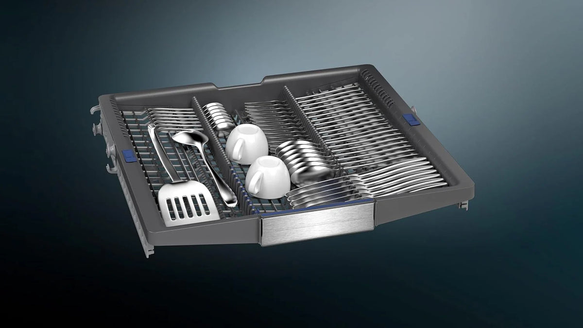 Zmywarka Siemens SN63EX06VE, iQ300 Smart, w pełni zintegrowana, 60 cm, szuflada na sztućce, bardzo cicha, varioSpeed, automatyczne otwieranie drzwi, potrójny system koszenia, infoLight, intensiveZone