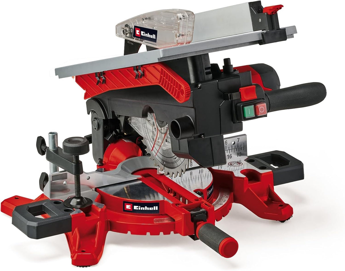 Piła ukośnica i stołowa Einhell TE-MS 216 T (1500 W, tarcza Ø 216 mm, szerokość cięcia 120 mm, głębokość 55 mm, w tym laser wyznaczający linię cięcia, funkcja piły stołowej)