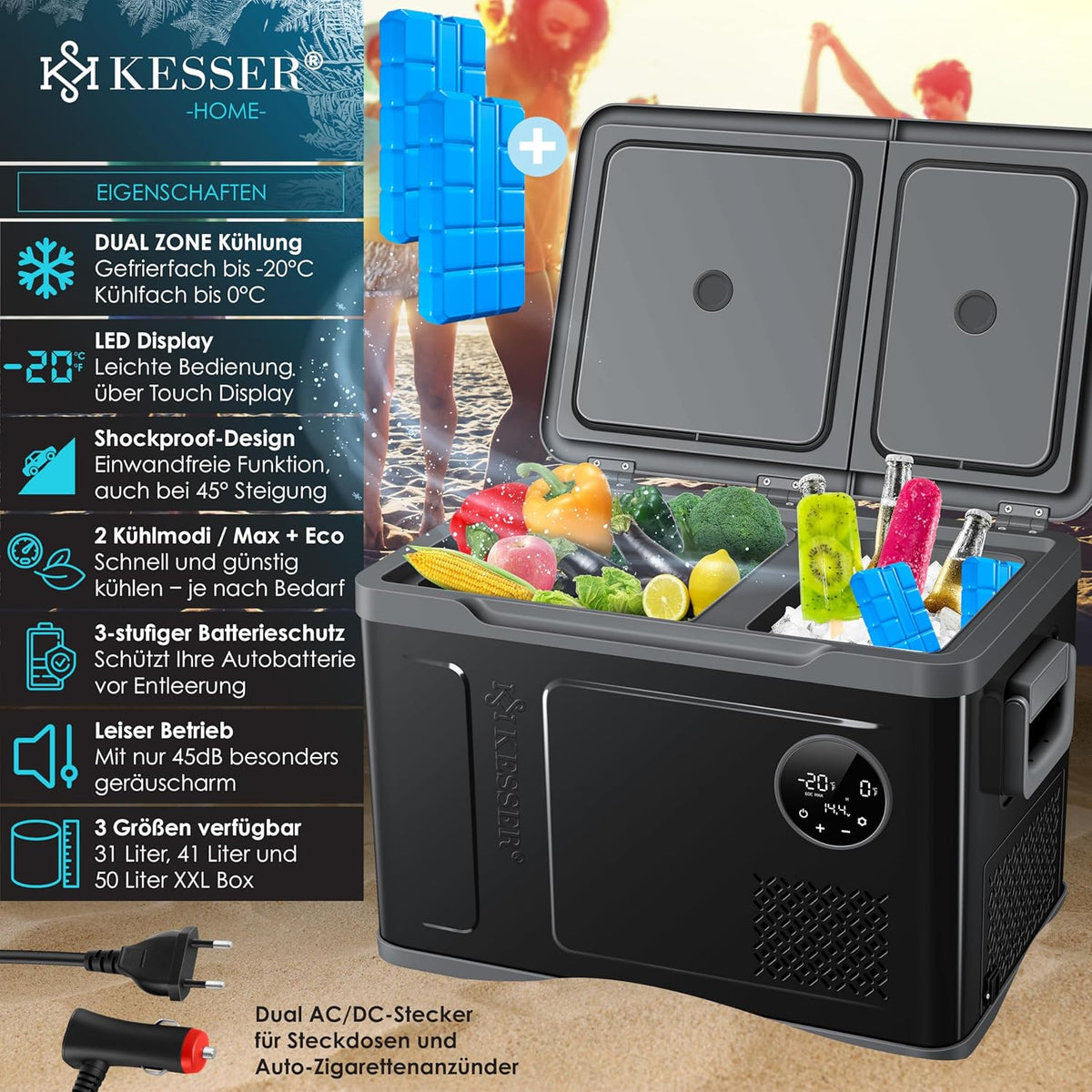 Lodówka kompresorowa KESSER® 2 w 1, dwustrefowa, z komorą chłodzenia i mrożenia, elektryczna zamrażarka z 2 wkładami chłodzącymi i dotykowym sterowaniem LED | Lodówka chłodząca do -20°C, idealna na kemping, do samochodu, ciężarówki, 12/24 V 230 V