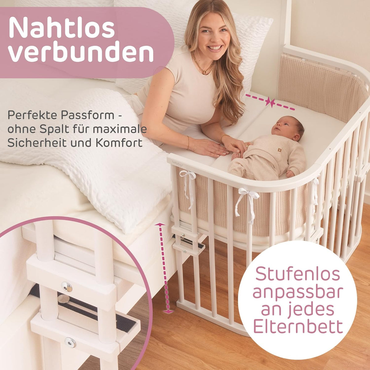 Oryginalne łóżeczko dostawne Babybay z litego drewna bukowego / kompaktowe i rozkładane / płynna regulacja wysokości łóżeczka i przyjazne dla środowiska / rośnie wraz z dzieckiem (lakierowane na biało) / w zestawie materac
