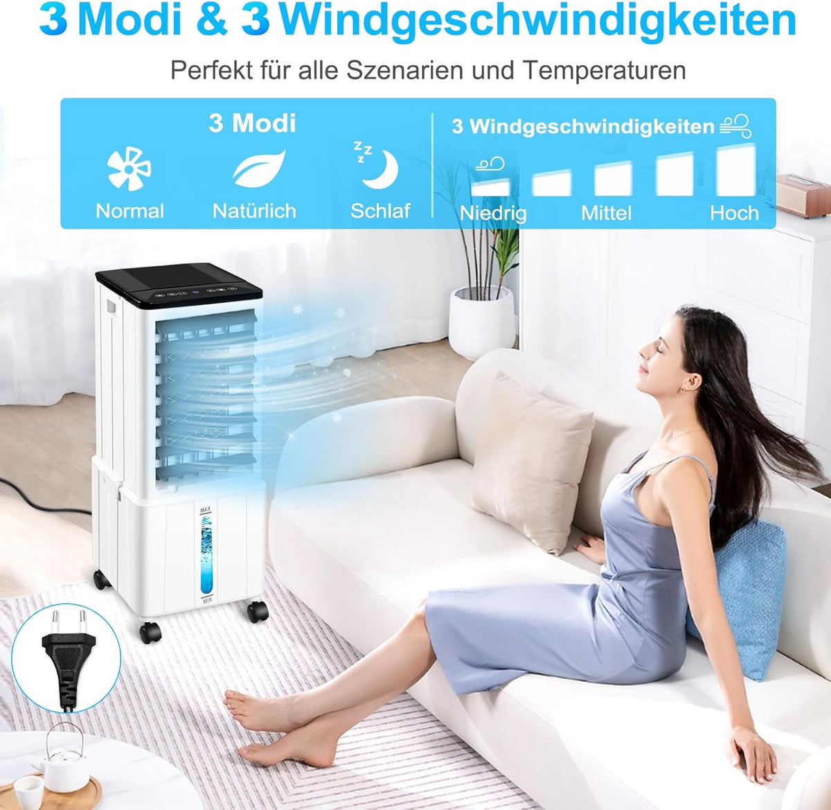 Przenośna chłodnica powietrza (bez rury wylotowej), urządzenie 12 l / 60 W z timerem (12 godz.), 3 trybami pracy, poziomem hałasu 40 dB, oscylacją 120°, wyjmowanym zbiornikiem na wodę i pilotem – cicha chłodnica do mieszkań i pokoi