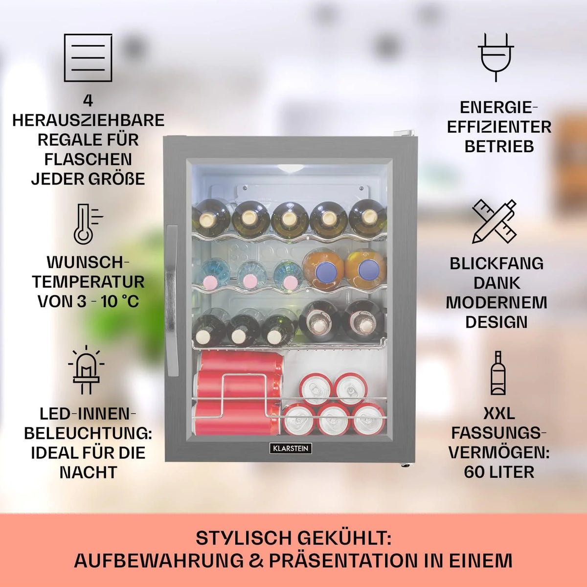 Klarstein Mini lodówka z drzwiami szklanymi do pomieszczeń, chłodziarka na napoje z regulowanymi półkami, mała 80 litrów, do użytku wewnątrz i na zewnątrz, cicha