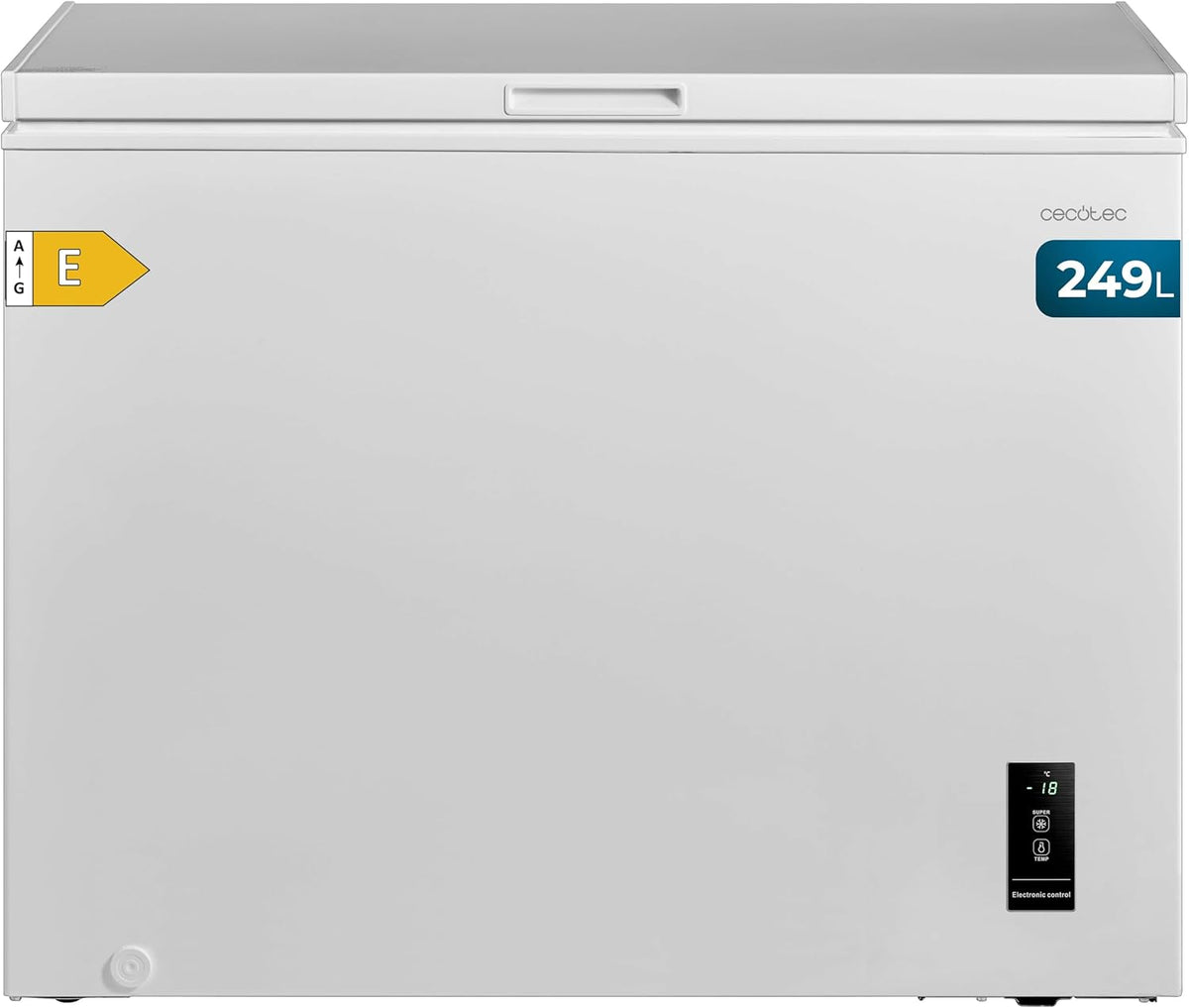 Zamrażarka pozioma Cecotec Bolero CoolMarket Chest 249P, biała, 249 l. Kosz z uchwytami, elektroniczne sterowanie LED, UltraContact D-Cool, podwójna funkcja, drzwi ZeroG (80º-30º), szybkie mrożenie, kompaktowa