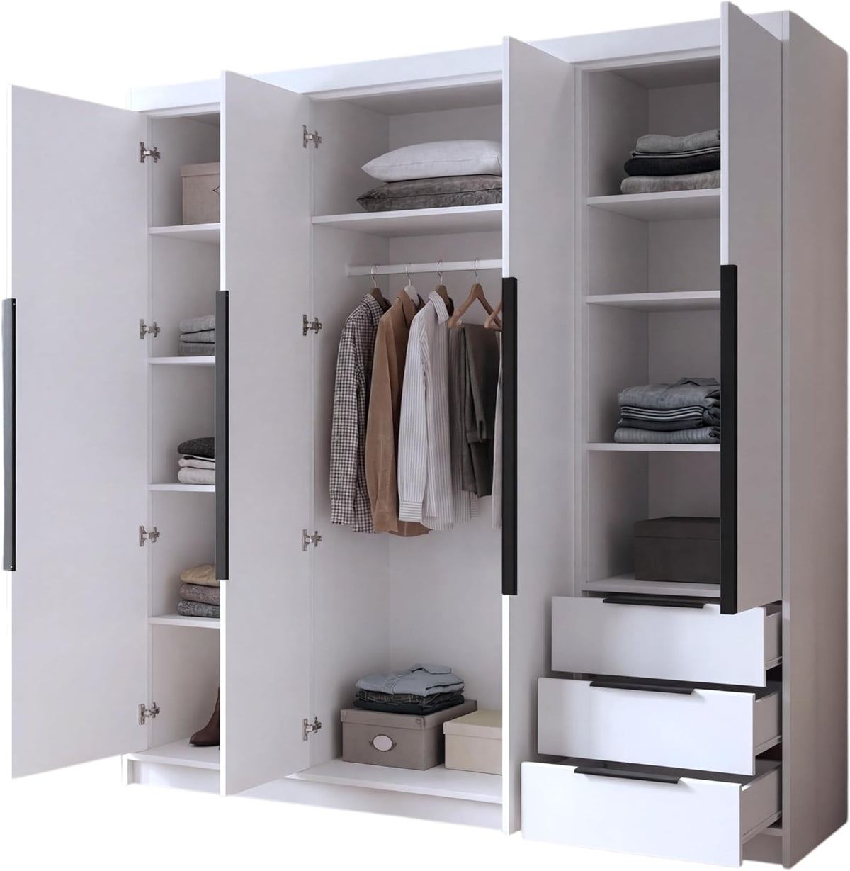 A and J MöbelLand VIVO Szafa 4-drzwiowa z lustrem i szufladami - 200 x 215 cm - Szafa z drzwiami uchylnymi, drążkiem na ubrania i półkami