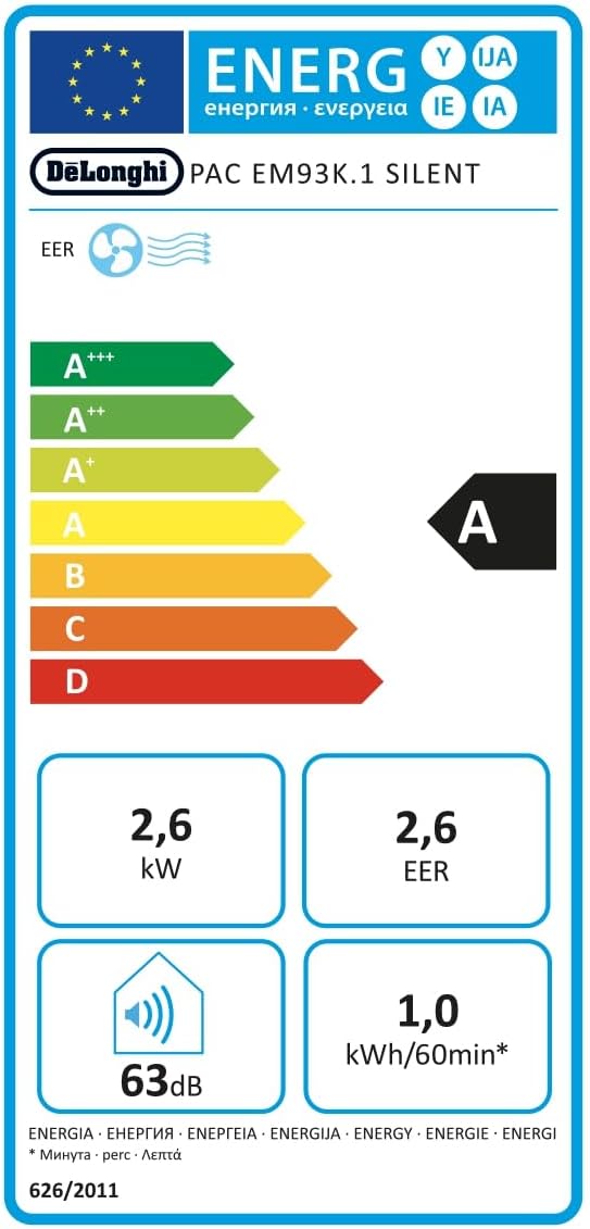 De'Longhi Pinguino PAC EL112 CST WiFi, przenośna klimatyzacja z technologią MyEcoRealFeel do pomieszczeń o kubaturze do 110 m³, 11 000 BTU/h, 2,9 kW, 63 dB, funkcja osuszania, A, sterowanie aplikacją i głosem, kolor biały