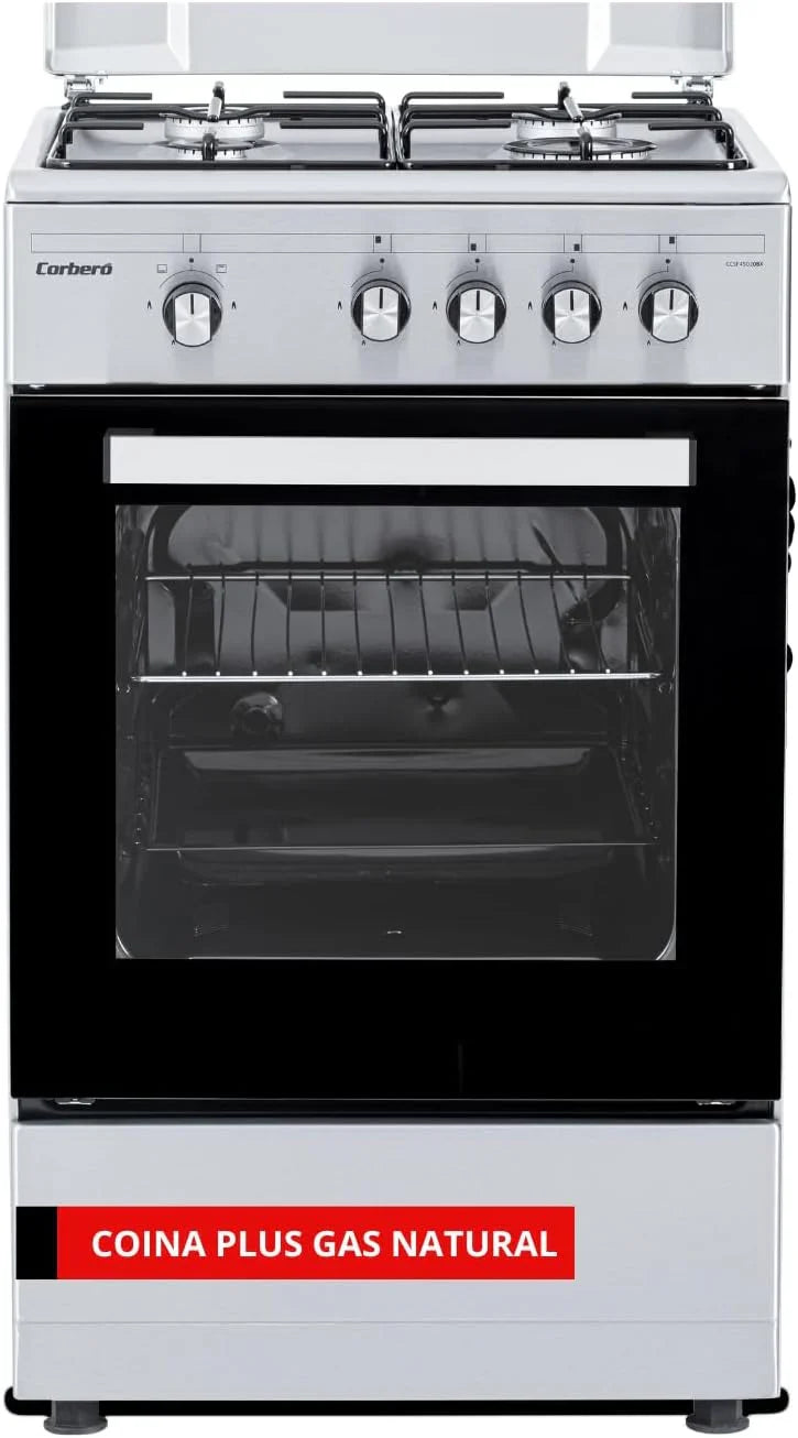 Corberó – Kuchnia Plus | 50 cm | CCSF45020BW | 4 palniki na gaz butanowy | Piekarnik 43 l | Metalowa pokrywa | Podwójne szklane drzwi | Taca i grill chromowane | Automatyczny wyłącznik bezpieczeństwa | Biały