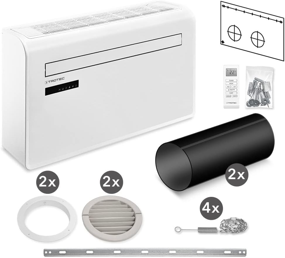 Klimatyzator ścienny TROTEC PAC-W 2650 SH – urządzenie typu „4 w 1” bez jednostki zewnętrznej, wyposażone w funkcję ogrzewania, oferujące moc chłodniczą 2,6 kW, sterowanie przez aplikację (WiFi) oraz technologię inwerterową; przeznaczone do pomieszcz
