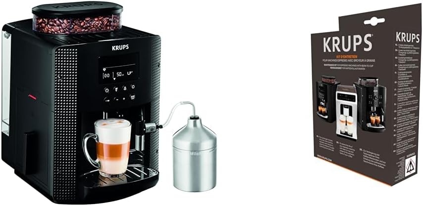 Ekspres do kawy Krups Essential w pełni automatyczny z wężykiem do mleka, funkcja parzenia 2 filiżanek, wyświetlacz LCD, łatwe czyszczenie, certyfikat TÜV, czarny, EA816031