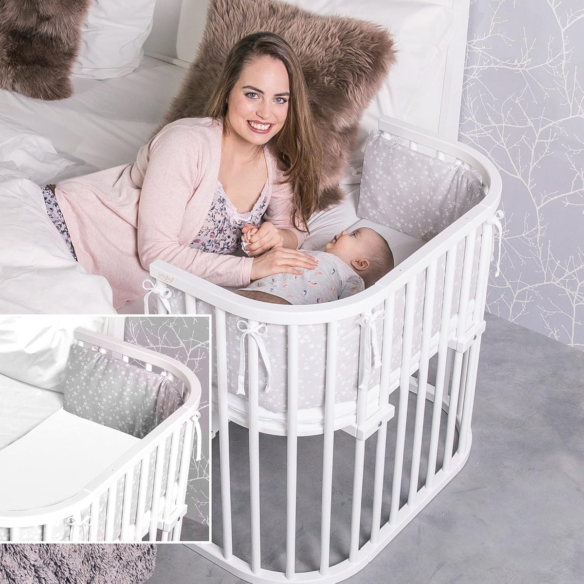 Oryginalne łóżeczko dostawne Babybay z litego drewna bukowego / kompaktowe i rozkładane / płynna regulacja wysokości łóżeczka i przyjazne dla środowiska / rośnie wraz z dzieckiem (lakierowane na biało) / w zestawie materac