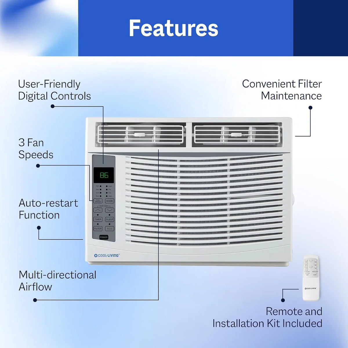 Cool-Living - 6000 BTU kamerairconditioner met montageset en afstandsbediening, koelt ruimtes tot 250 vierkante meter, wit