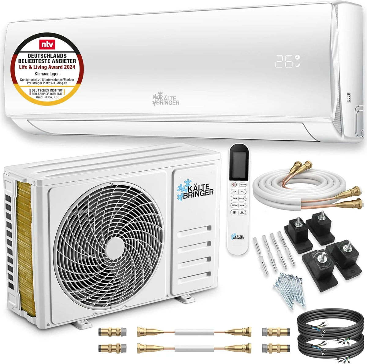 Klimatyzator typu split firmy Kältebringer z funkcją szybkiego łączenia – 12000 BTU (3,4 kW) z funkcją grzania, Wi-Fi i aplikacją, do 91 m2, bardzo cichy – 5 m rur miedzianych, czynnik chłodniczy R32, materiały montażowe, uchwyt ścienny