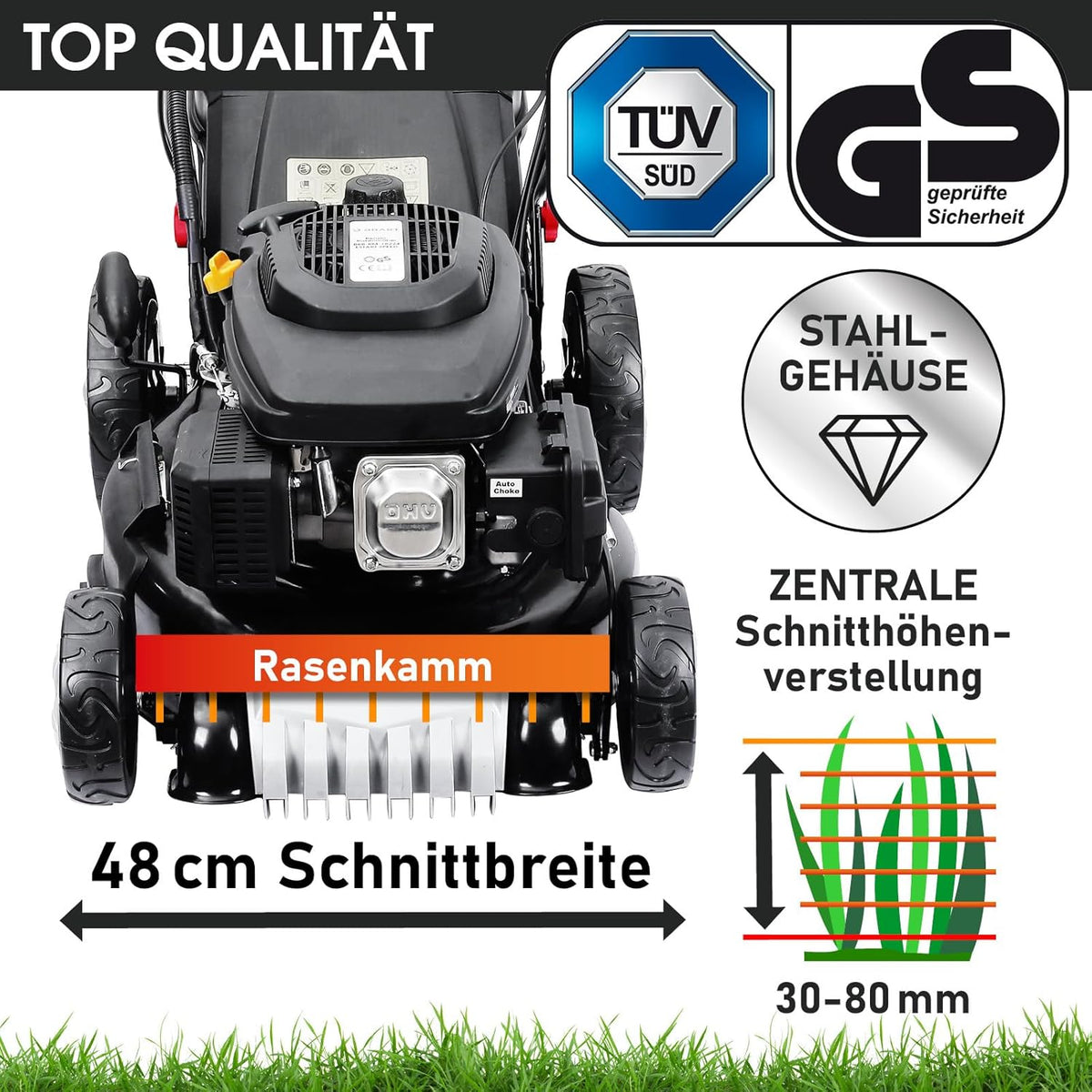 Spalinowa kosiarka do trawy BRAST z napędem | 5,2 kW (7 KM) | Rozruch elektryczny | Szerokość koszenia 48 cm | Różne modele | Certyfikat TÜV | Silnik czterosuwowy OHV | Wysokość koszenia 30–80 mm | Kosz na trawę 60 l | Stalowa obudowa | Model 19224 E