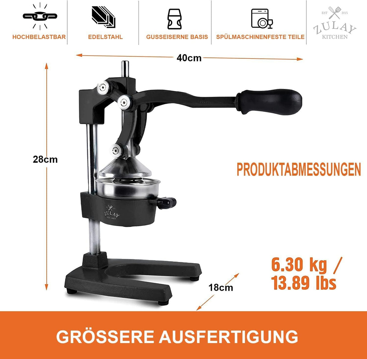 Zulay Professional Citrus Press – ręczna metalowa wyciskarka do soku – ręczna wyciskarka do cytryn i pomarańczy – solidna i trwała, wysokiej jakości wyciskarka podłogowa, czarna