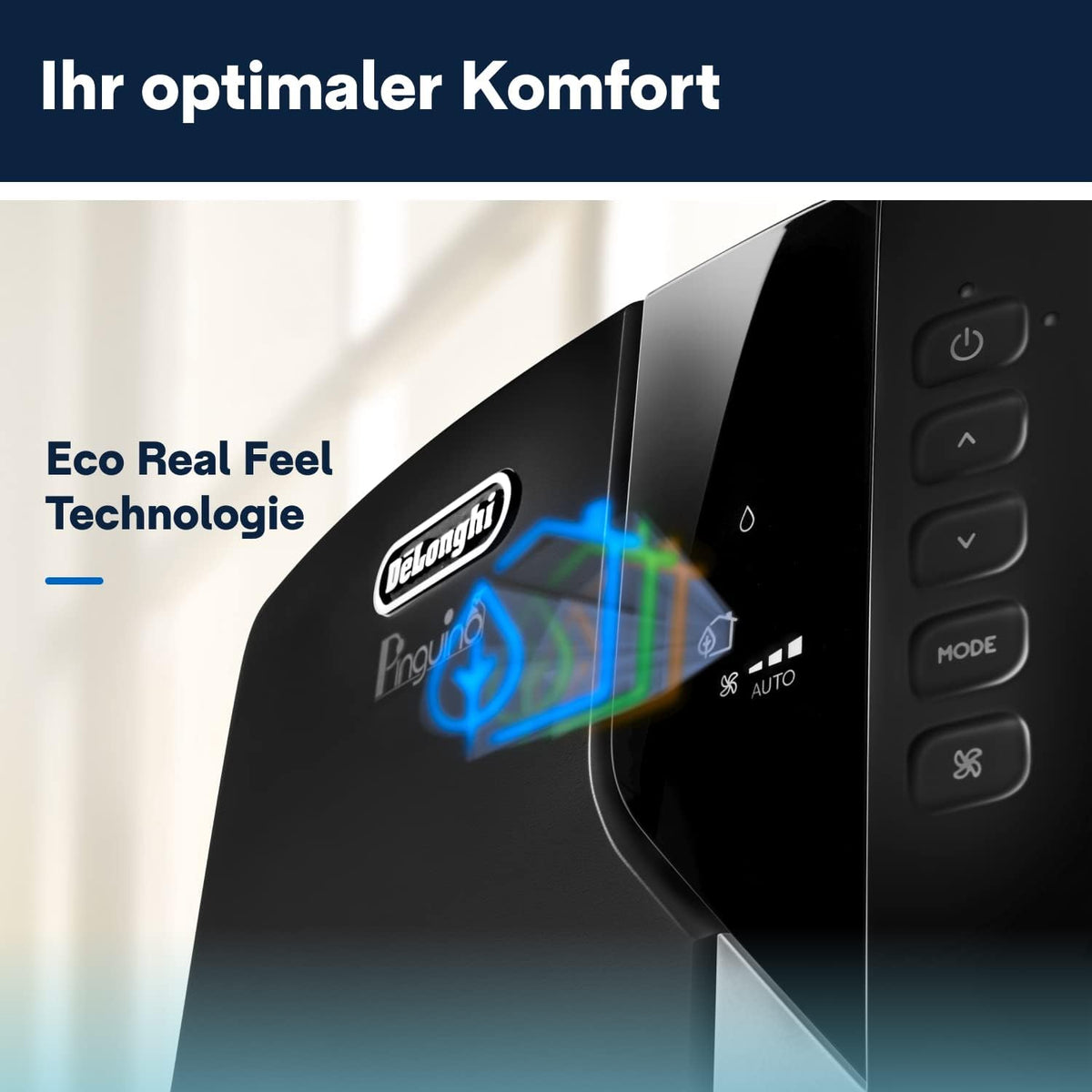 De'Longhi Pinguino PAC EL112 CST WiFi, przenośna klimatyzacja z technologią MyEcoRealFeel do pomieszczeń o kubaturze do 110 m³, 11 000 BTU/h, 2,9 kW, 63 dB, funkcja osuszania, A, sterowanie aplikacją i głosem, kolor biały