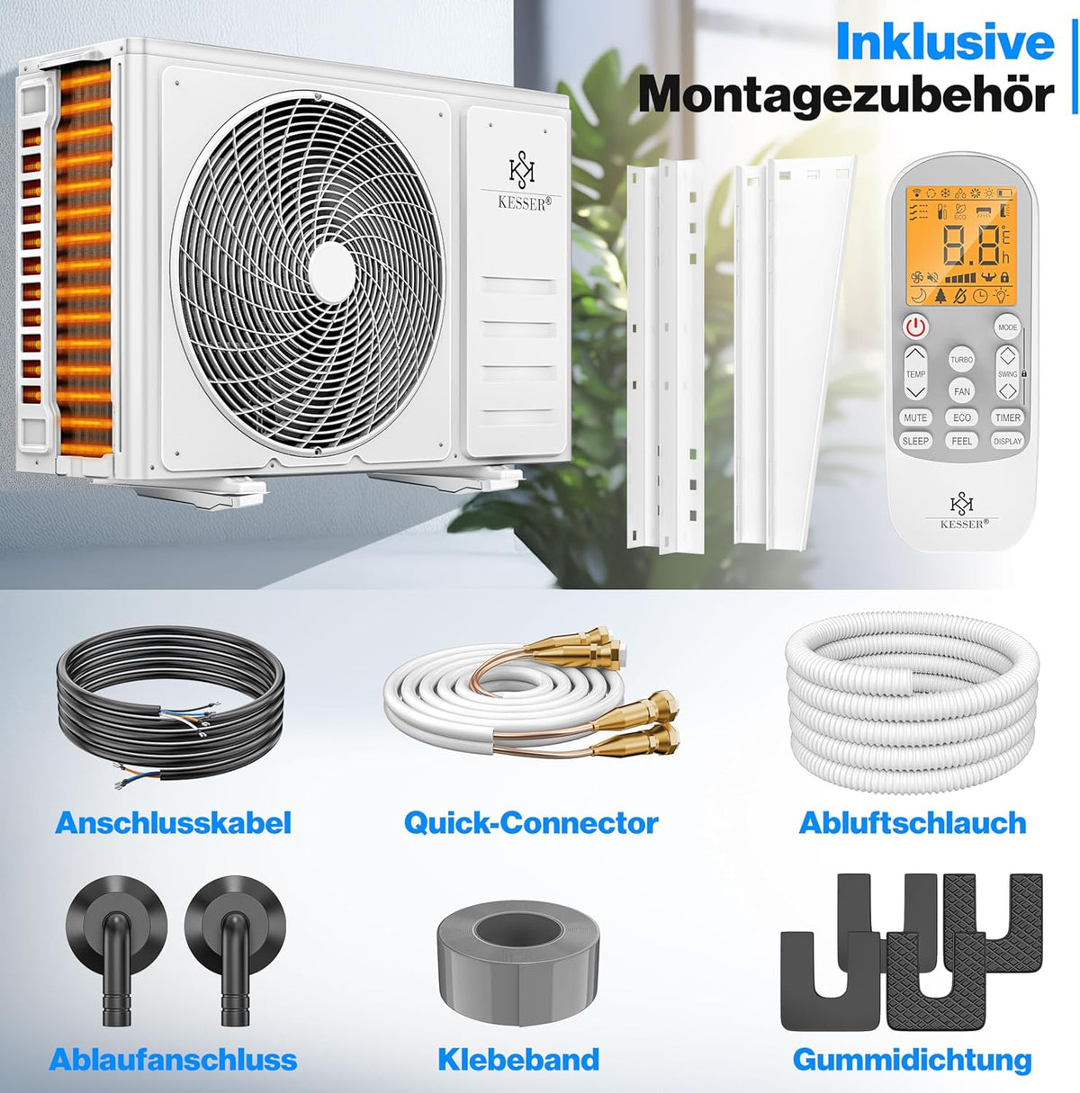 Zestaw klimatyzatora typu split KESSER® Quick Connect 12000 BTU 3,4 kW – WiFi i aplikacja Klimatyzator z funkcją grzania i chłodzenia Klimatyzator ścienny z rurami miedzianymi Czynnik chłodniczy R32 W zestawie materiały montażowe