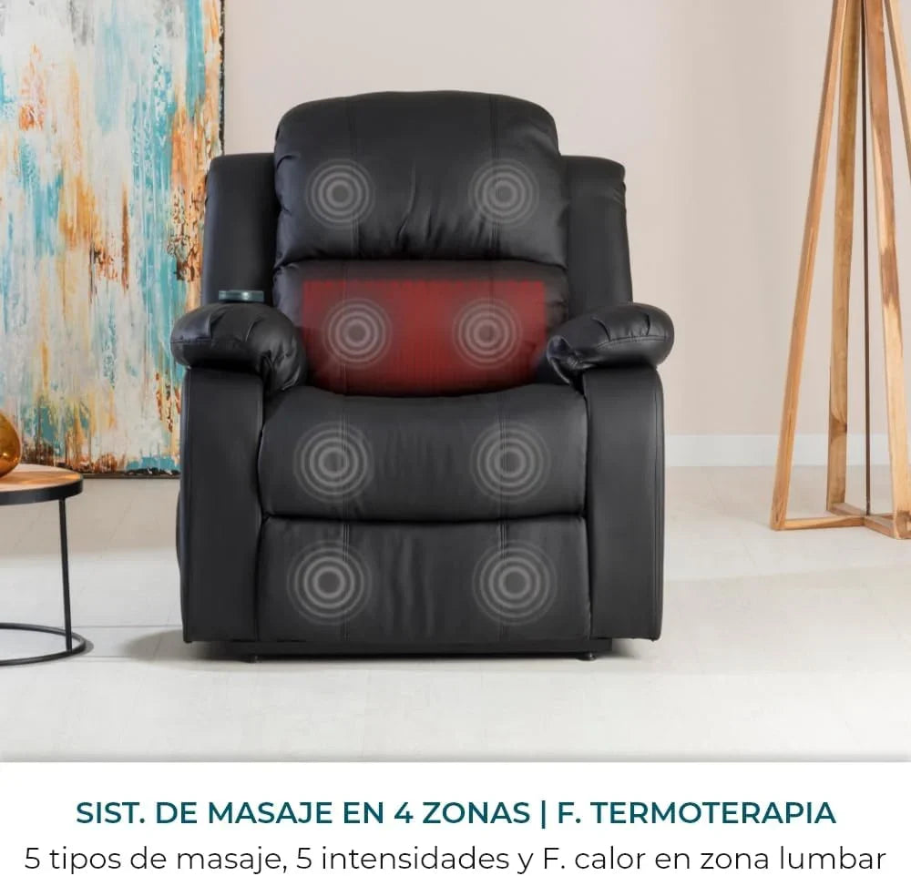 Don Descanso – Trevi Black relaxmassagestoel met verwarming, 160° kantelstand, 8 stille motoren, lendensteunverwarming, 4-zone massagesysteem en scheurbestendige polyurethaan lederen afwerking [zaag inbegrepen]