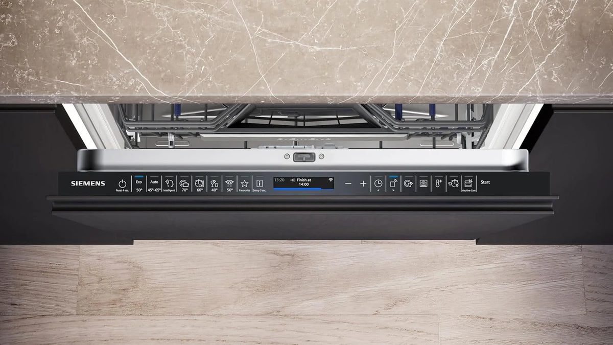 Zmywarka Siemens SN63EX06VE, iQ300 Smart, w pełni zintegrowana, 60 cm, szuflada na sztućce, bardzo cicha, varioSpeed, automatyczne otwieranie drzwi, potrójny system koszenia, infoLight, intensiveZone