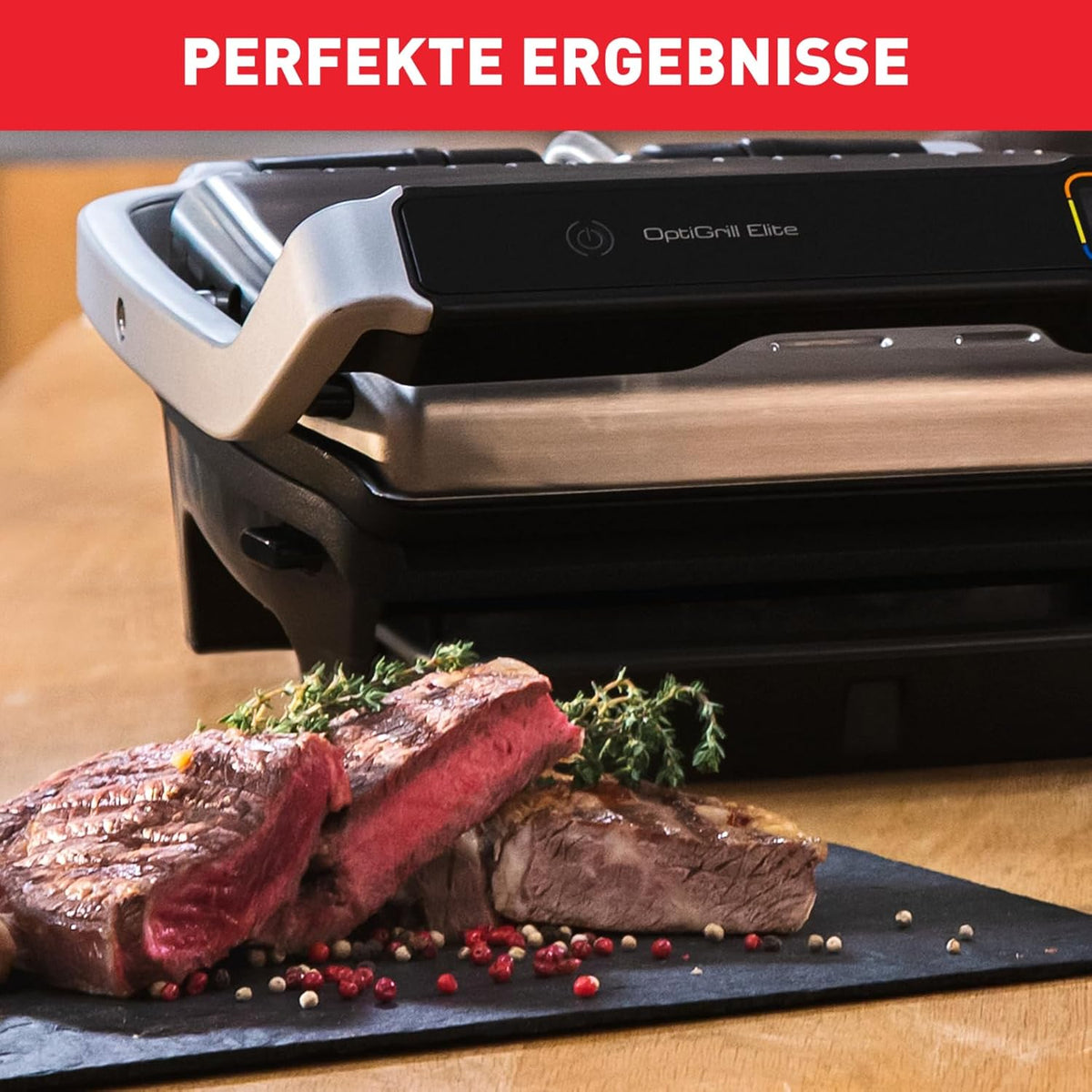 Grill kontaktowy Tefal OptiGrill Elite, 12 programów, wyświetlacz cyfrowy ze wskaźnikiem poziomu wysmażenia, wyjmowane płyty, grill elektryczny, stal nierdzewna, GC750D16