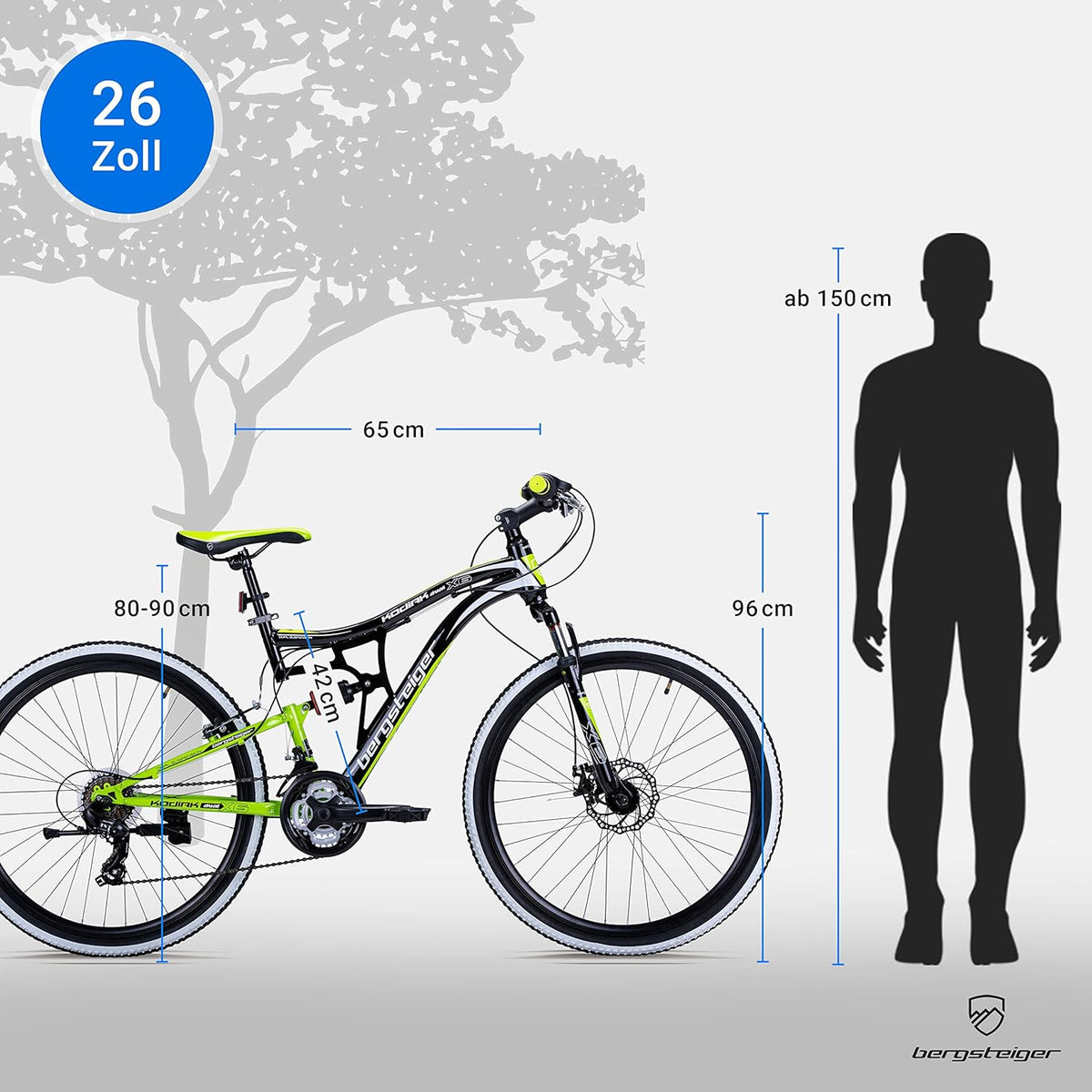 Rower górski Bergsteiger Kodiak (koła 26 lub 29 cali), hamulce tarczowe, 21-biegowy napęd Shimano, pełna amortyzacja (full-suspension) – rower MTB dla chłopców, dziewcząt, kobiet i mężczyzn
