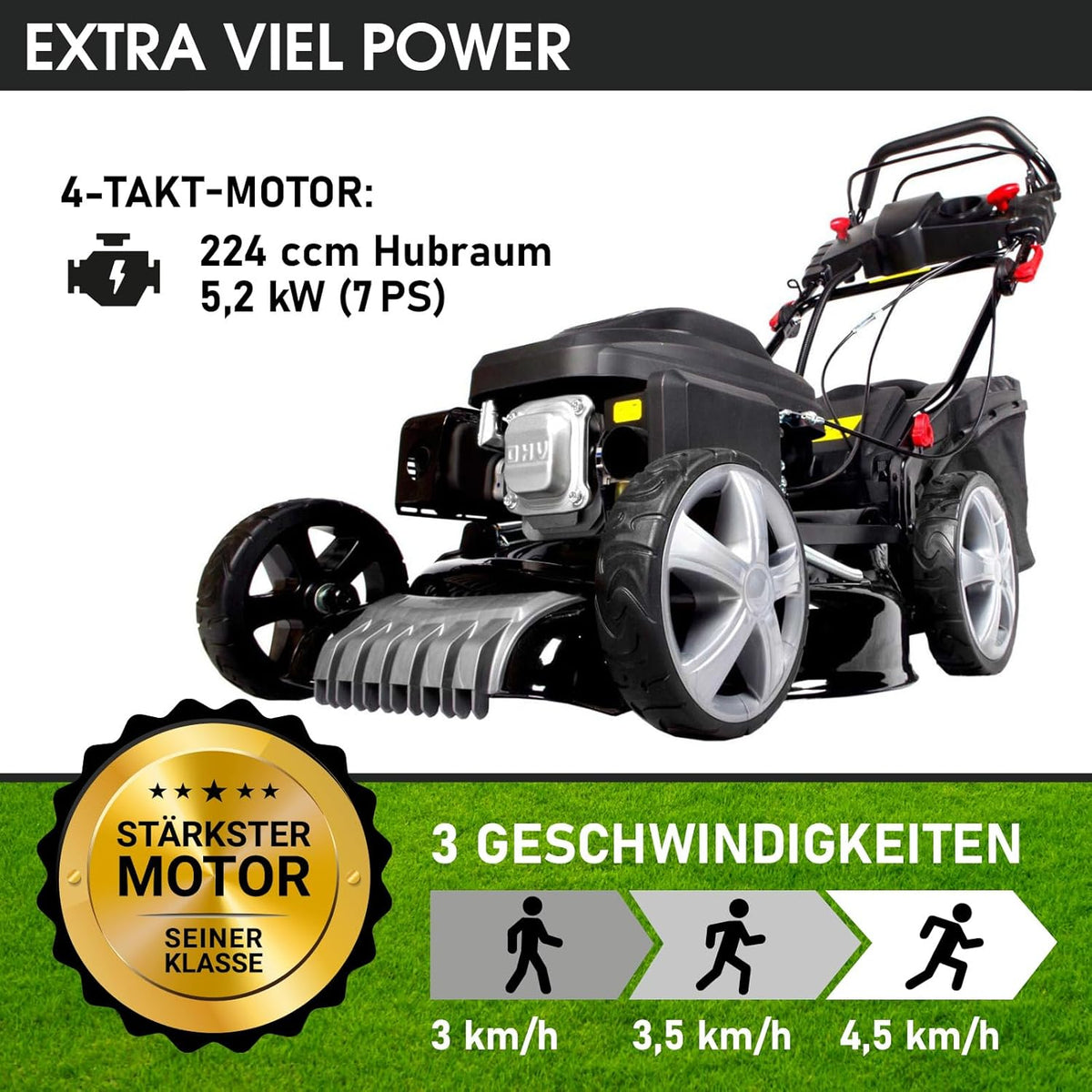 Spalinowa kosiarka do trawy BRAST z napędem | 5,2 kW (7 KM) | Rozruch elektryczny | Szerokość koszenia 48 cm | Różne modele | Certyfikat TÜV | Silnik czterosuwowy OHV | Wysokość koszenia 30–80 mm | Kosz na trawę 60 l | Stalowa obudowa | Model 19224 E