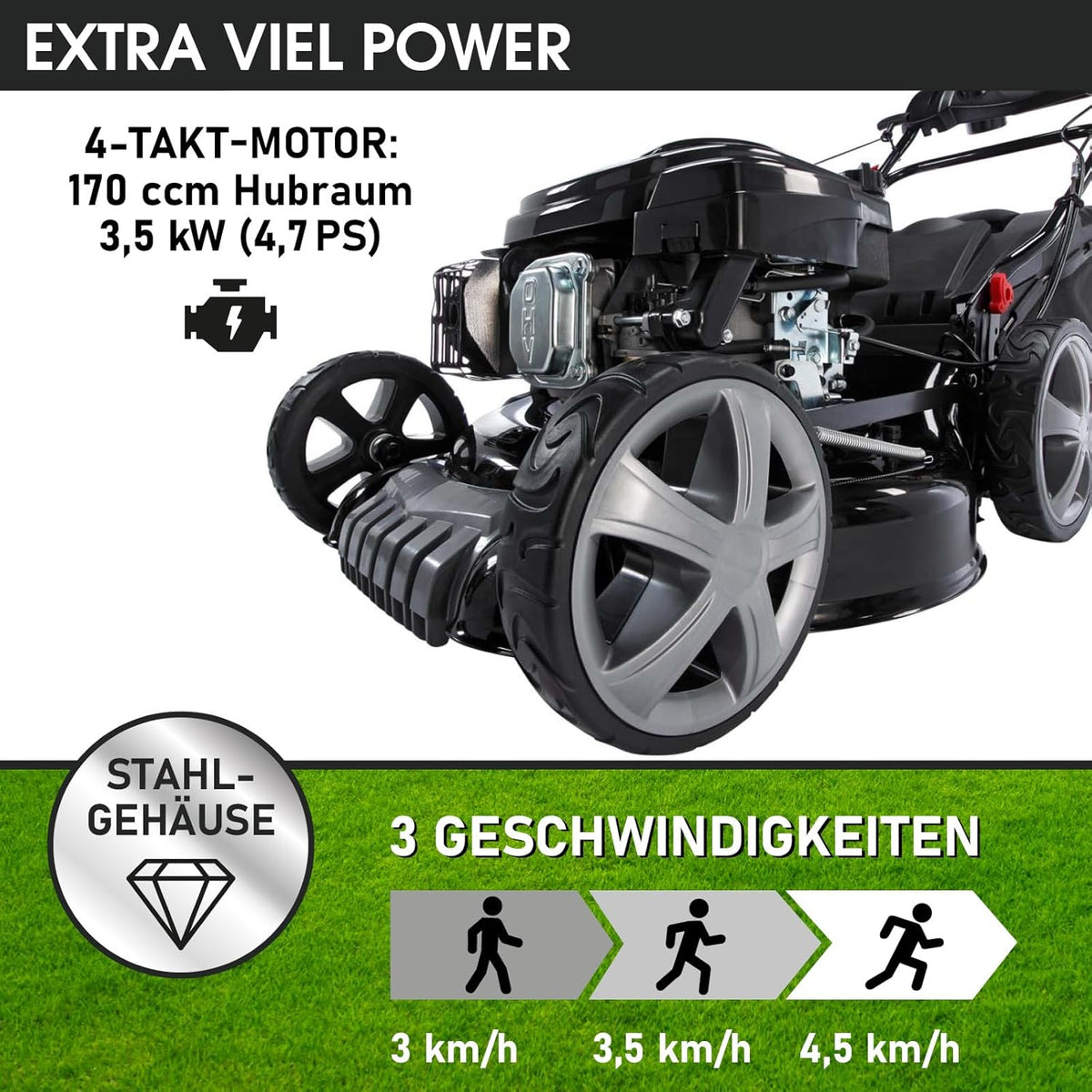 Spalinowa kosiarka do trawy BRAST z napędem | 5,2 kW (7 KM) | Rozruch elektryczny | Szerokość koszenia 48 cm | Różne modele | Certyfikat TÜV | Silnik czterosuwowy OHV | Wysokość koszenia 30–80 mm | Kosz na trawę 60 l | Stalowa obudowa | Model 19224 E