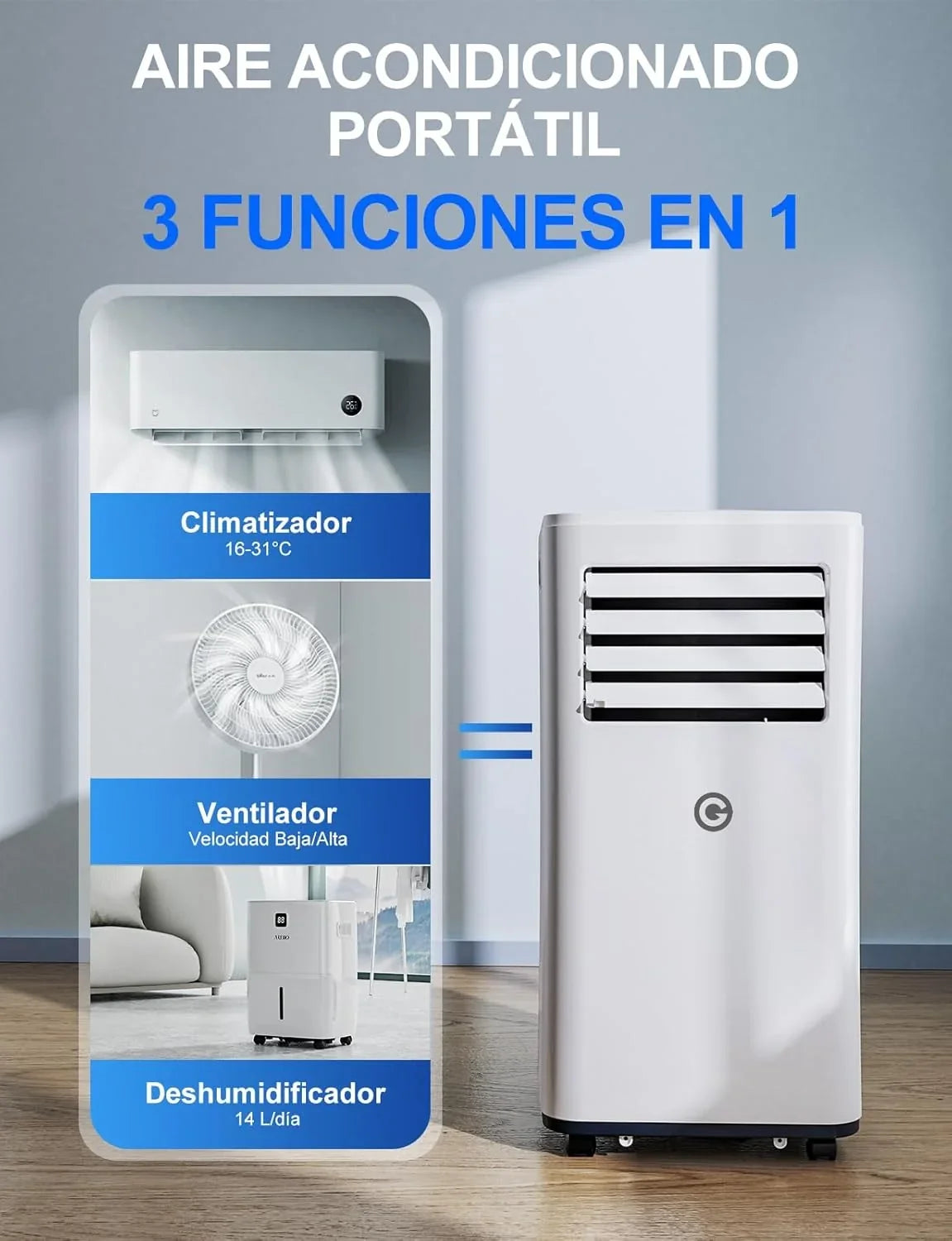 Draagbare airconditioner van 9000 BTU, 4-in-1