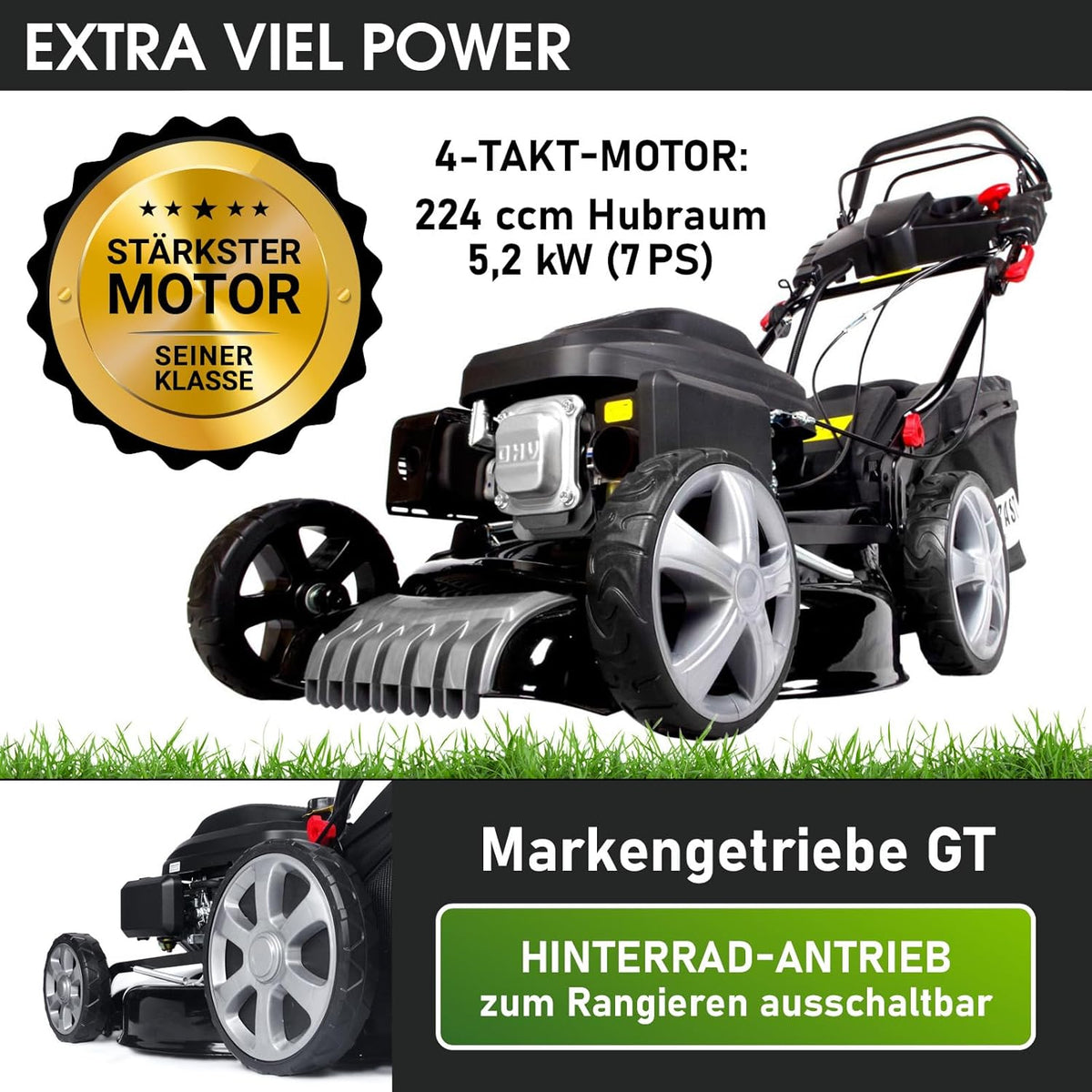 Spalinowa kosiarka do trawy BRAST z napędem | 5,2 kW (7 KM) | Rozruch elektryczny | Szerokość koszenia 48 cm | Różne modele | Certyfikat TÜV | Silnik czterosuwowy OHV | Wysokość koszenia 30–80 mm | Kosz na trawę 60 l | Stalowa obudowa | Model 19224 E