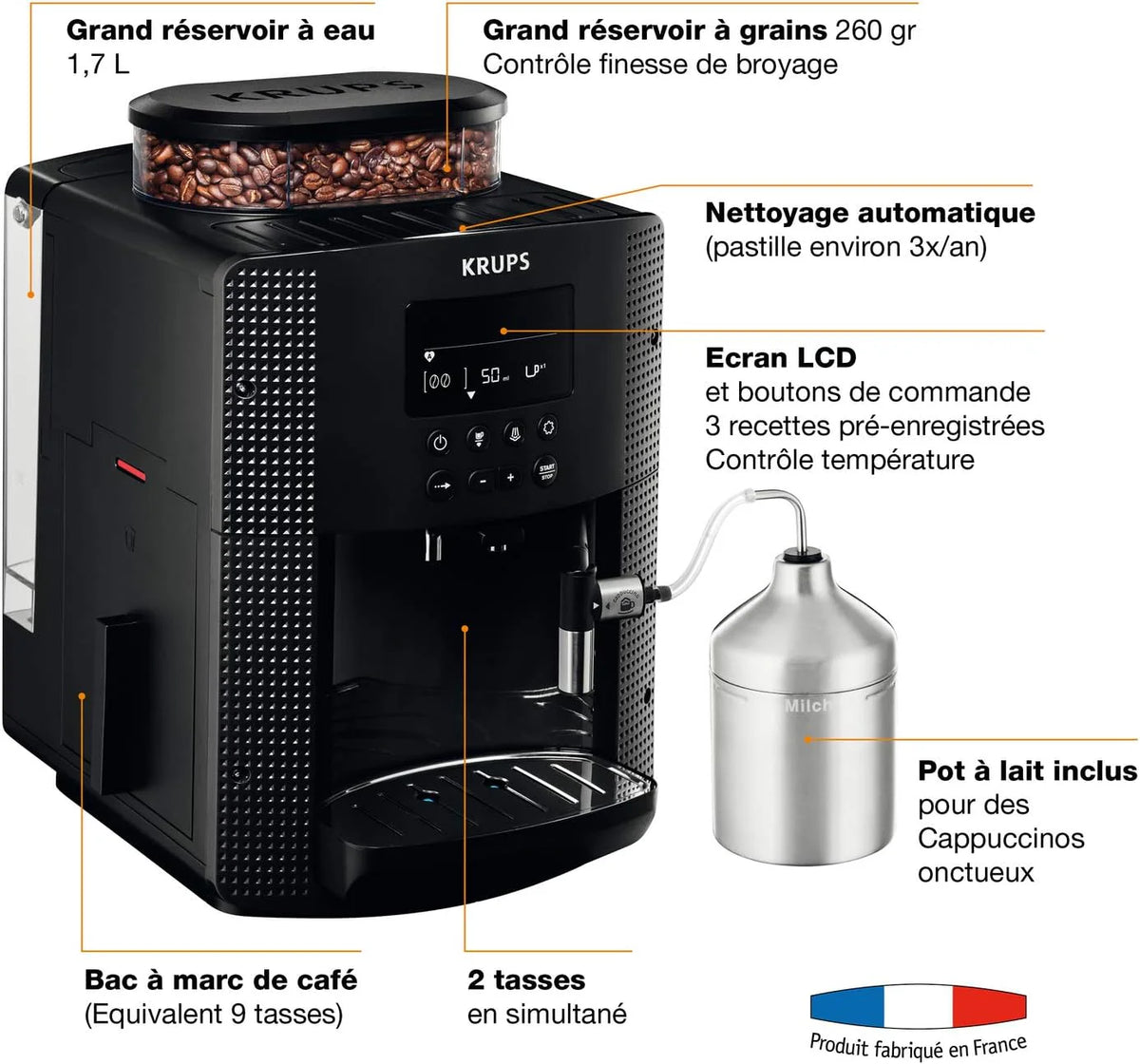 Ekspres do kawy Krups Essential w pełni automatyczny z wężykiem do mleka, funkcja parzenia 2 filiżanek, wyświetlacz LCD, łatwe czyszczenie, certyfikat TÜV, czarny, EA816031
