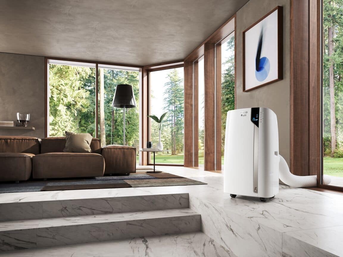 De'Longhi Pinguino PAC EL112 CST WiFi, przenośna klimatyzacja z technologią MyEcoRealFeel do pomieszczeń o kubaturze do 110 m³, 11 000 BTU/h, 2,9 kW, 63 dB, funkcja osuszania, A, sterowanie aplikacją i głosem, kolor biały