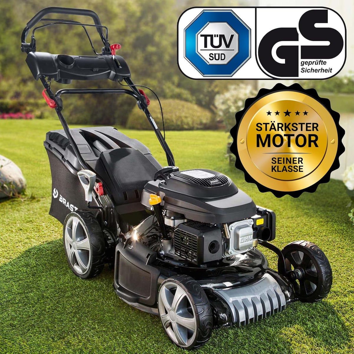 Spalinowa kosiarka do trawy BRAST z napędem | 5,2 kW (7 KM) | Rozruch elektryczny | Szerokość koszenia 48 cm | Różne modele | Certyfikat TÜV | Silnik czterosuwowy OHV | Wysokość koszenia 30–80 mm | Kosz na trawę 60 l | Stalowa obudowa | Model 19224 E