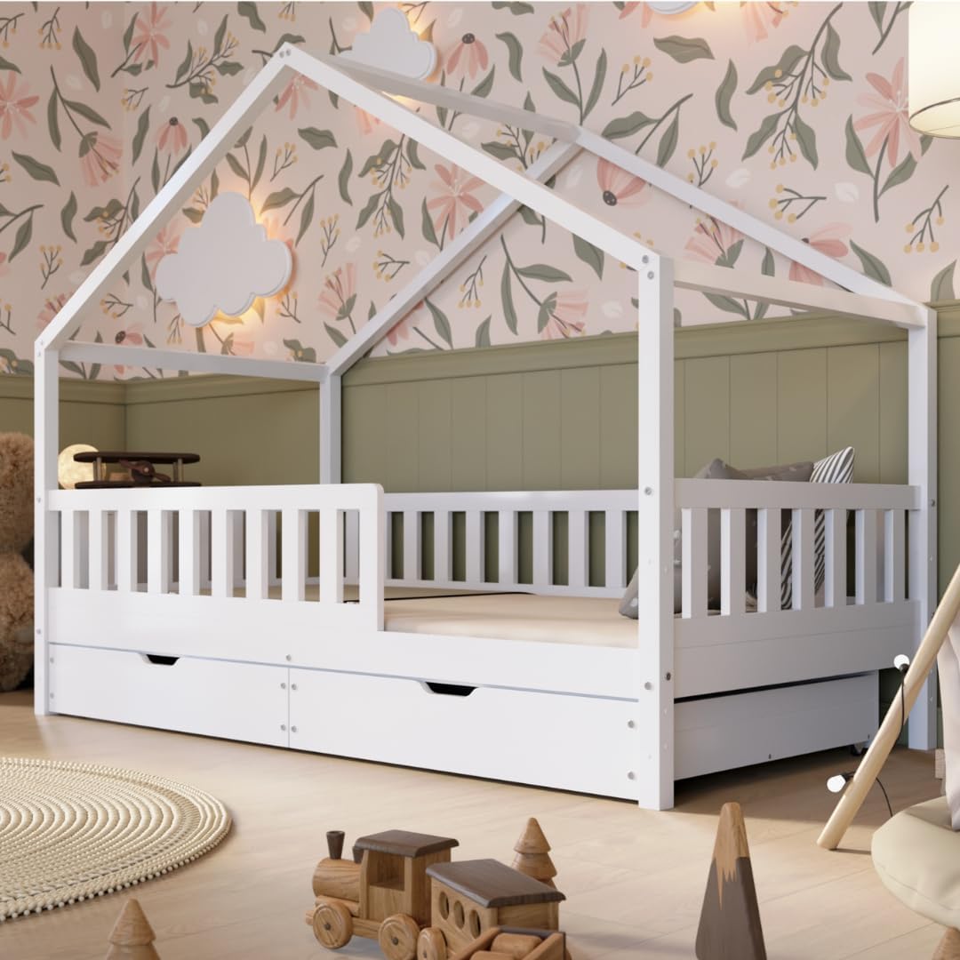 Łóżko Crazy Pine House z szufladami 200x90 cm – łóżko dziecięce z naturalnego drewna z zabezpieczeniem przed upadkiem – łóżko Montessori z dodatkową przestrzenią do przechowywania i wyjmowaną barierką – Crazy House
