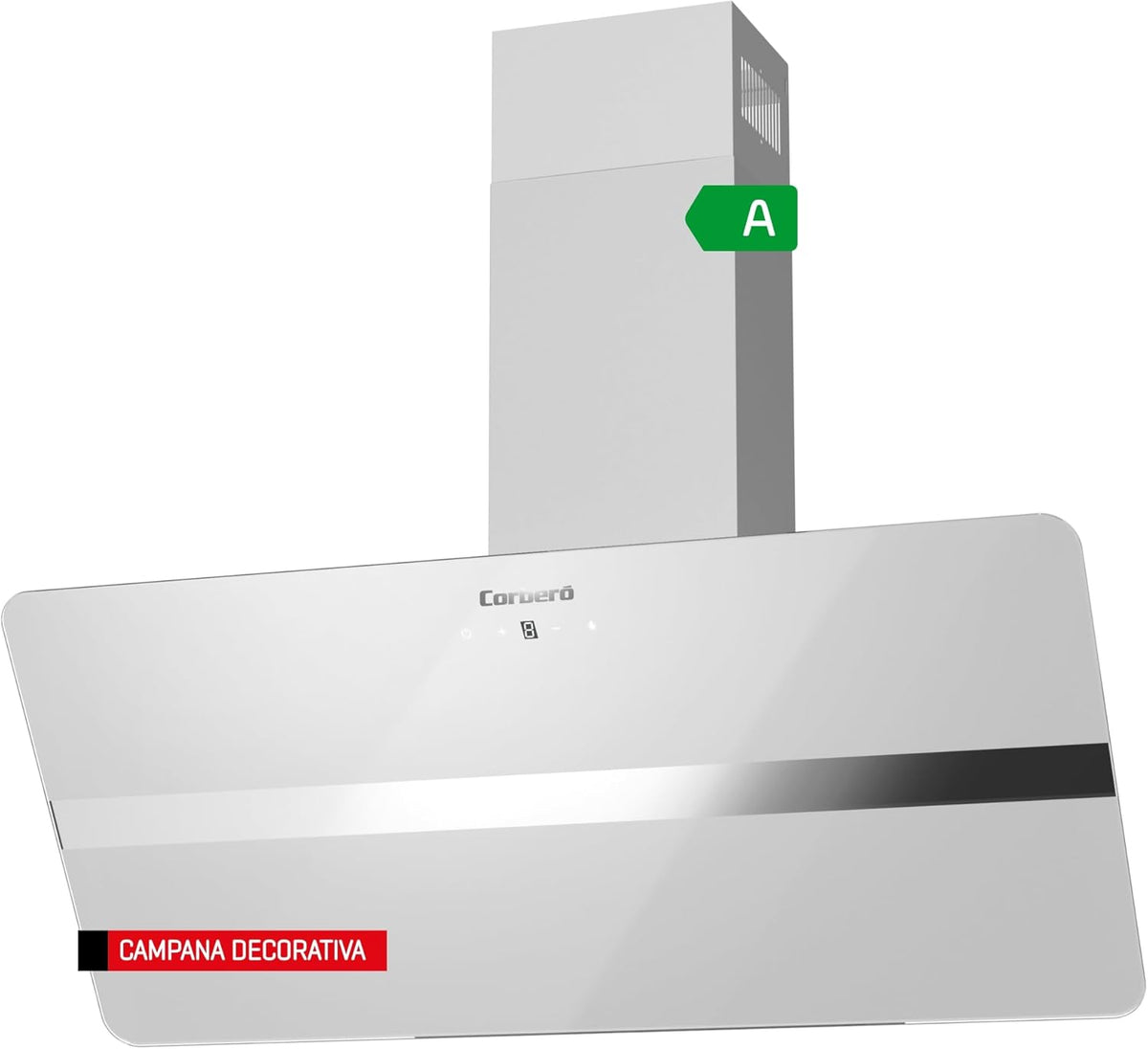 Corberó – Okap kuchenny 90 cm | VICTORIA960W | 594,2 m³/h | 67 dB | 165 W | 3 prędkości | Sterowanie dotykowe | Szkło hartowane | Filtr aluminiowy i węglowy | Białe szkło