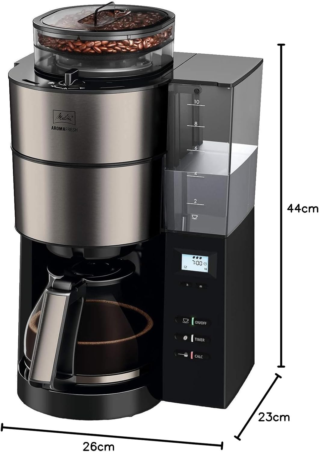 Melitta AromaFresh - Ekspres przelewowy - ze szklanym dzbankiem - wbudowanym młynkiem - funkcją timera - 10 filiżanek - Czysta czerń
