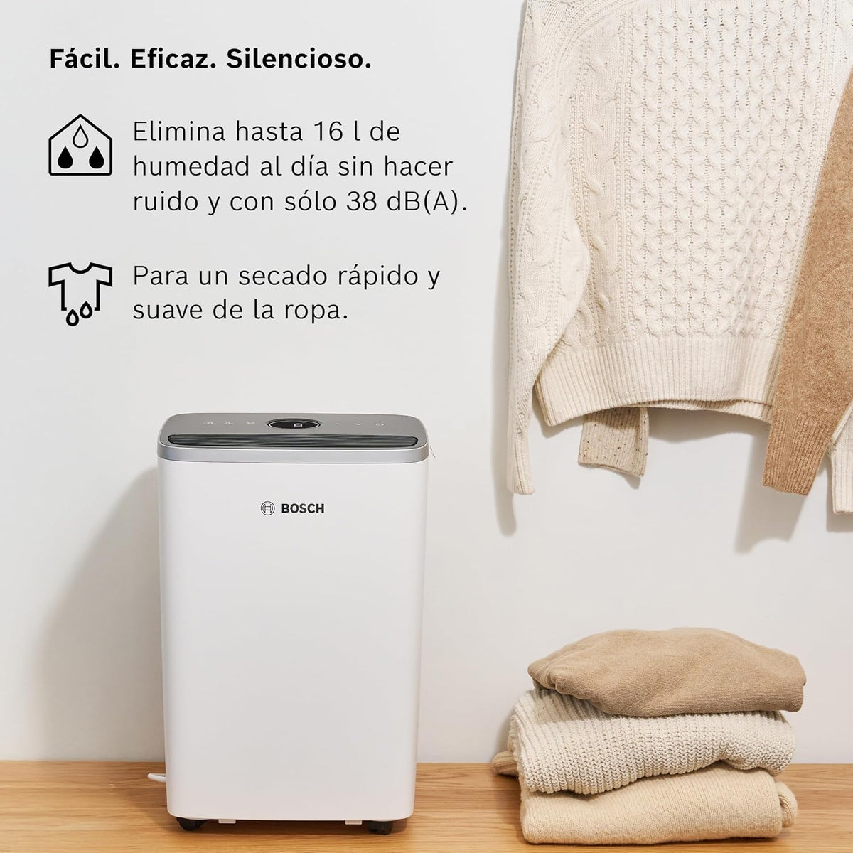 Osuszacz powietrza Bosch Dry 4000 – Prosty. Wydajny. Cichy. Do domu i sypialni – Do pomieszczeń o powierzchni do 33 m² – Szybkie suszenie prania