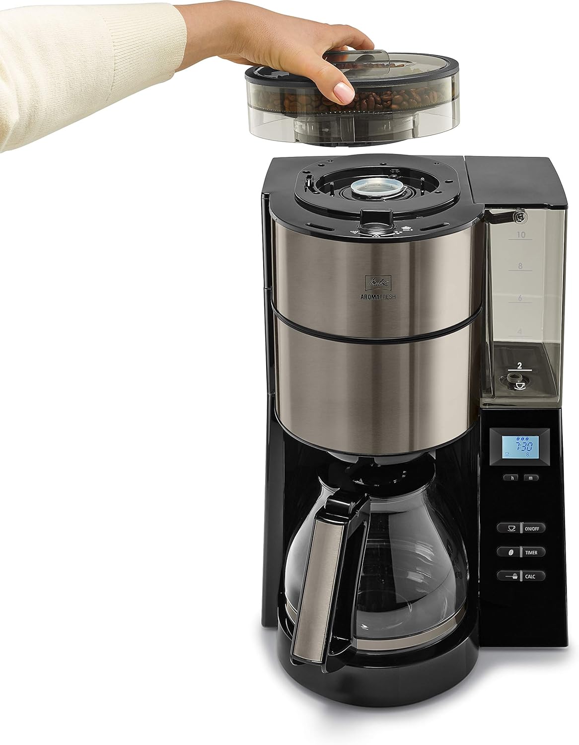 Melitta AromaFresh - Ekspres przelewowy - ze szklanym dzbankiem - wbudowanym młynkiem - funkcją timera - 10 filiżanek - Czysta czerń