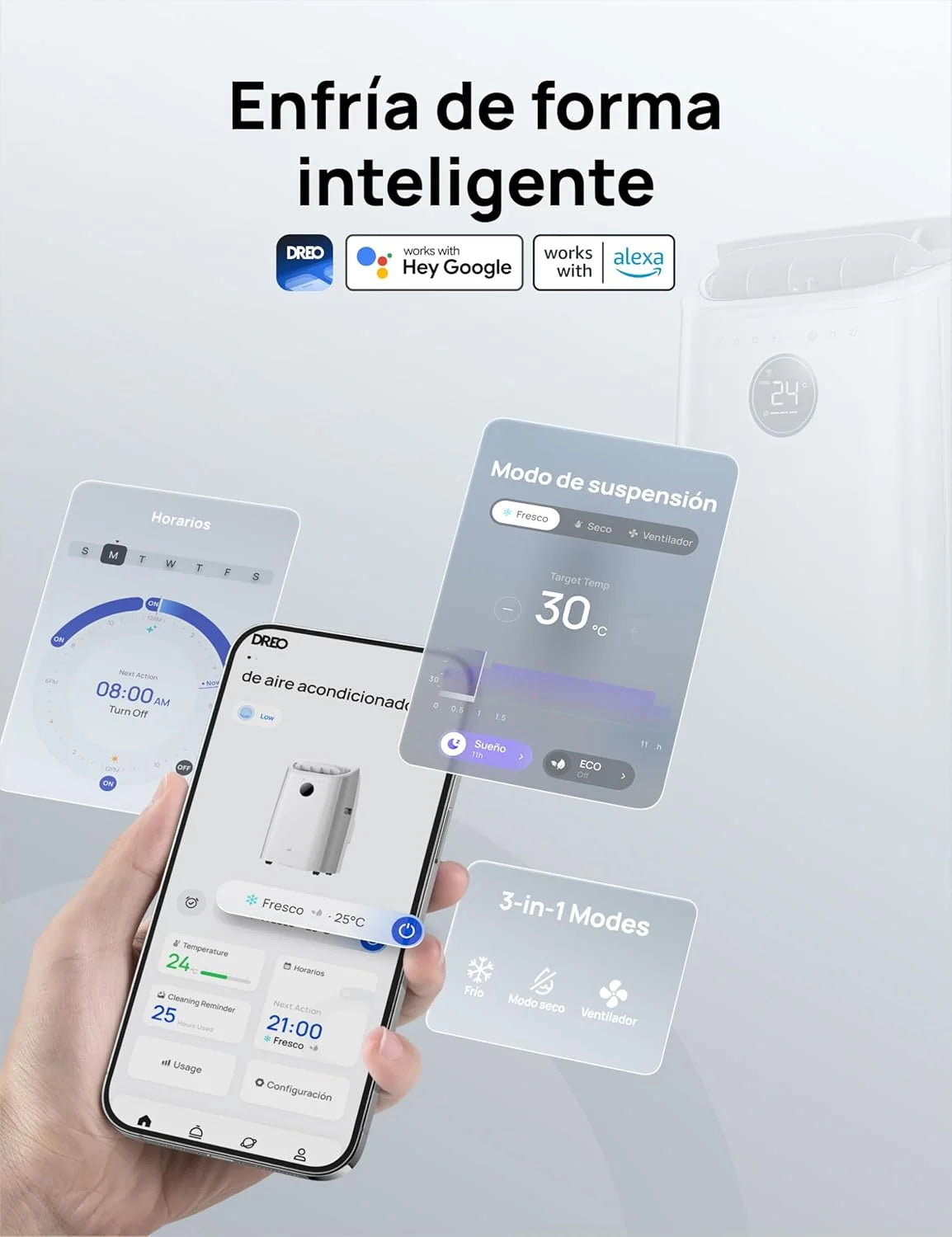 DREO 10.000 BTU draagbare airconditioner: condensvrije koeling, stille werking, bediening via app/spraak, 24-uurs timer, ventilator- en ontvochtigingsfunctie.