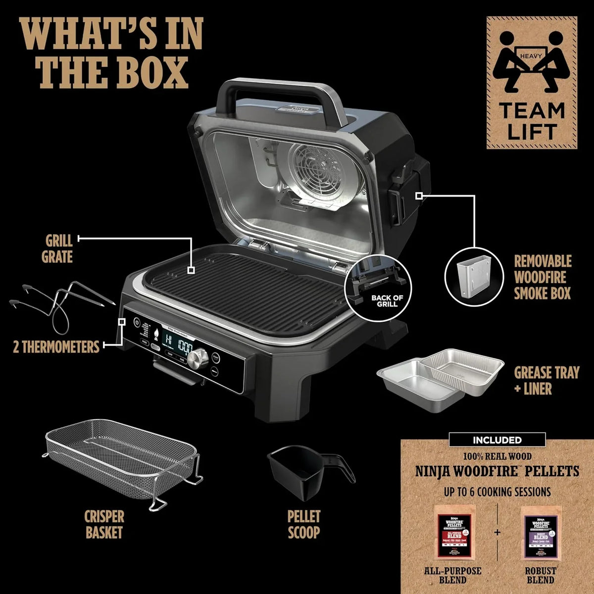Grill i wędzarnia ogrodowa Ninja Woodfire Pro XL, termometr, wszechstronne urządzenie 4 w 1 (grill, wędzarnia BBQ, frytkownica beztłuszczowa, piekarnik), grill elektryczny przenośny, kolor ciemnoszary, model OG850