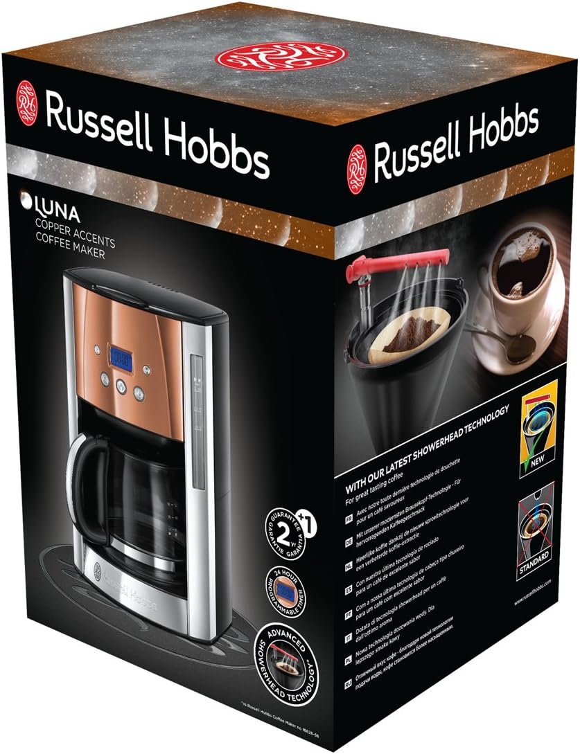 Toster Russell Hobbs Luna [na 2 kromki] Stal nierdzewna, miedź (bardzo szerokie otwory do opiekania, w tym podgrzewacz bułek, 6 poziomów opiekania, funkcja rozmrażania i podgrzewania, 1550 W) 24290-56