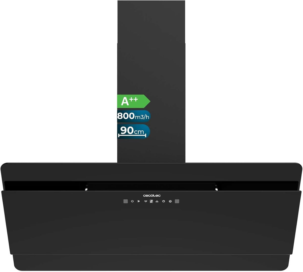 Okap kuchenny Cecotec Flux DT 908000, 90 cm, szkło, czarny, dekoracyjny. Czarne szkło, wydajność wyciągu 800 m³/h, silnik 210 W, klasa energetyczna A, sterowanie dotykowe, 3 poziomy mocy, sterowanie ruchem dłoni.